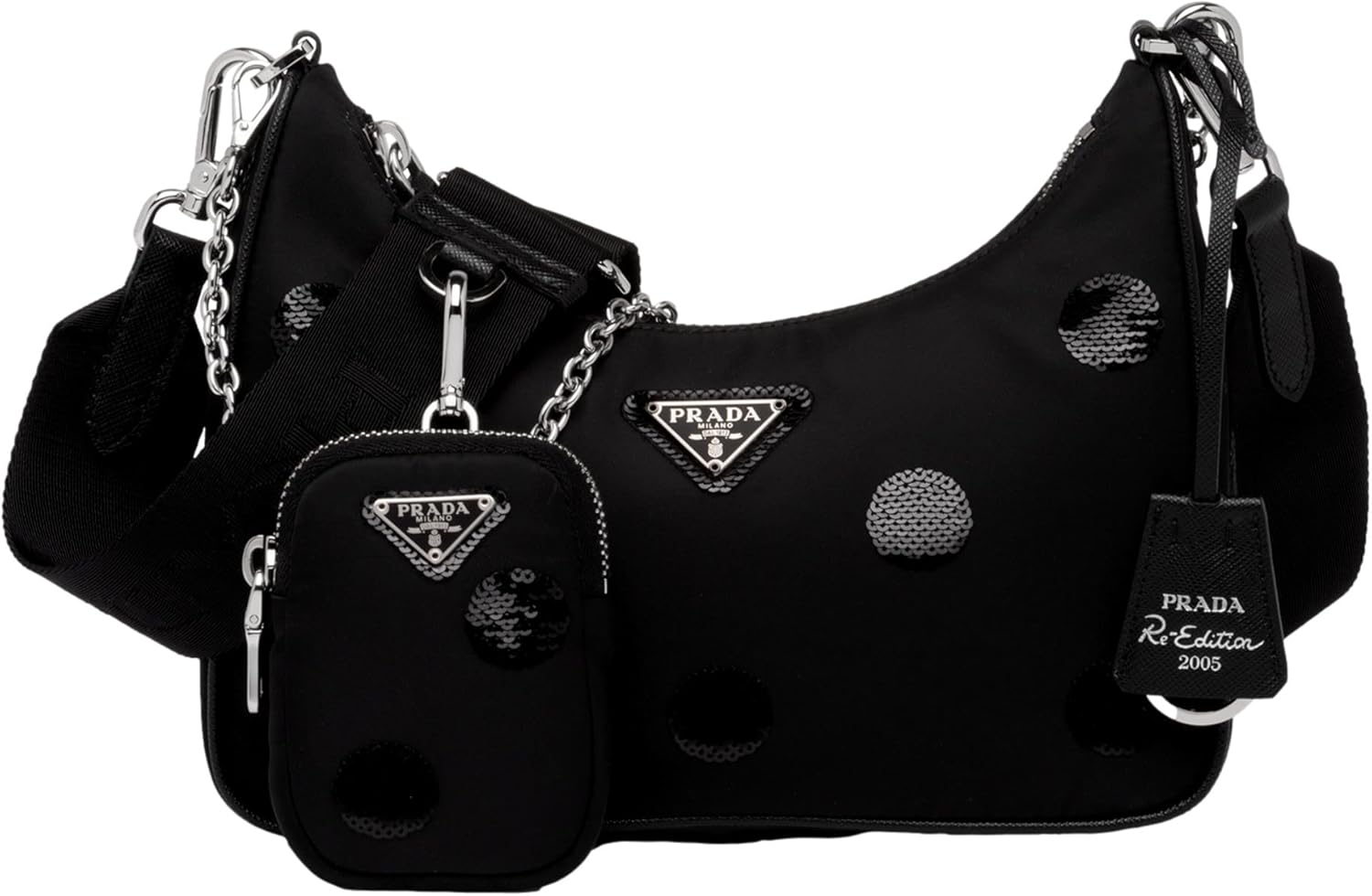 Borsa Hobo Prada Re-Edition 2005 Mini decorata con paillettes, nera