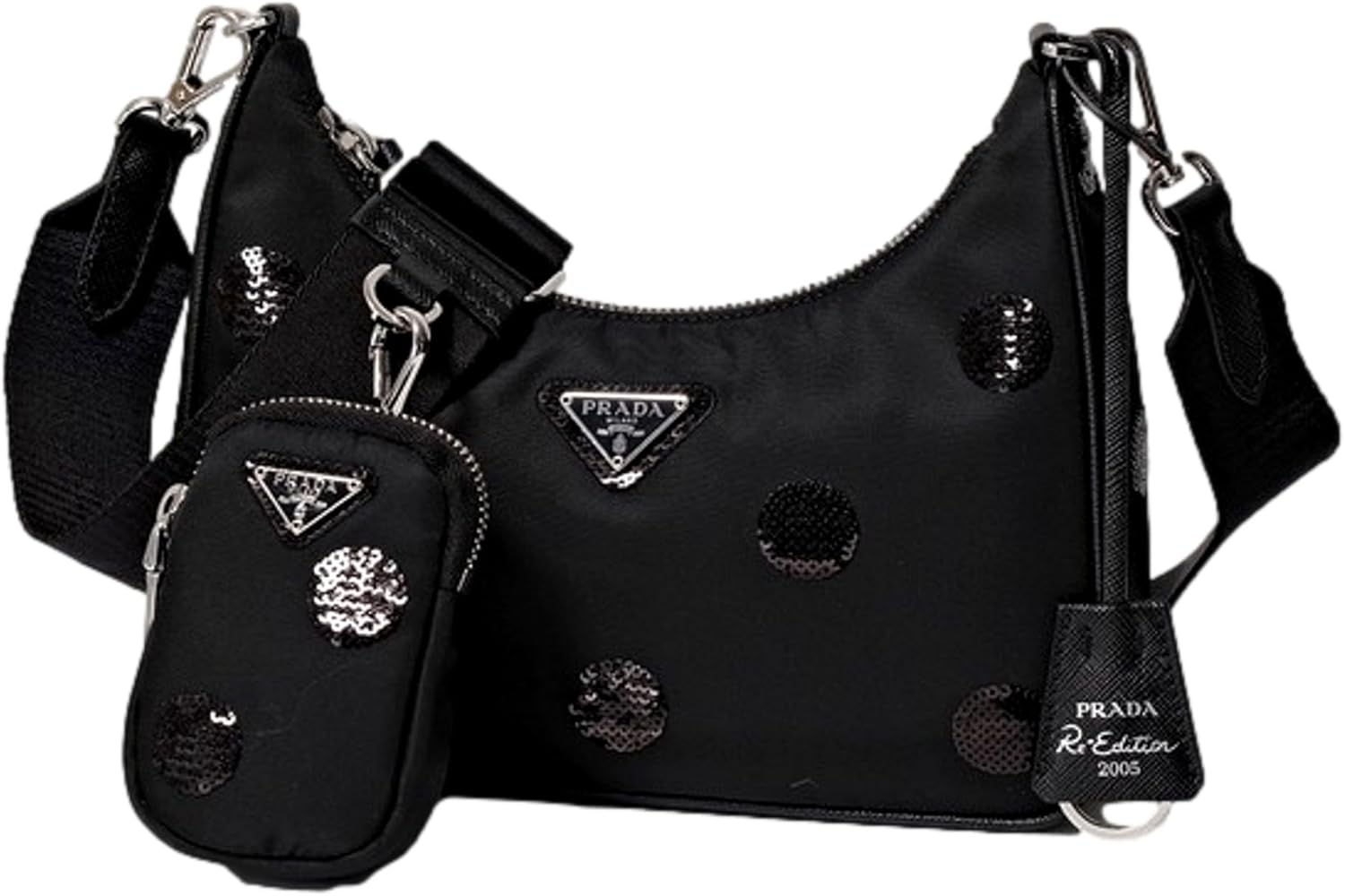 Prada Re-Edition 2005 Mini Sequin Embellished Hobo Bag, Black · v2