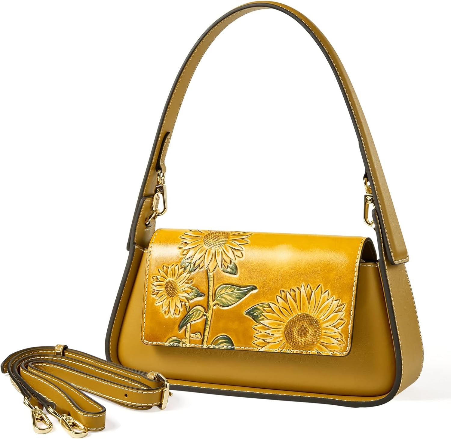 Shoulder Bags for Women, Genuine Leather Shoulder Bag for Women Hand Carved Painted Leather Clutch Saddle Bag with 2 Removable Strap Cute Hobo Tote Handbag Purse (Sunflower) · v2