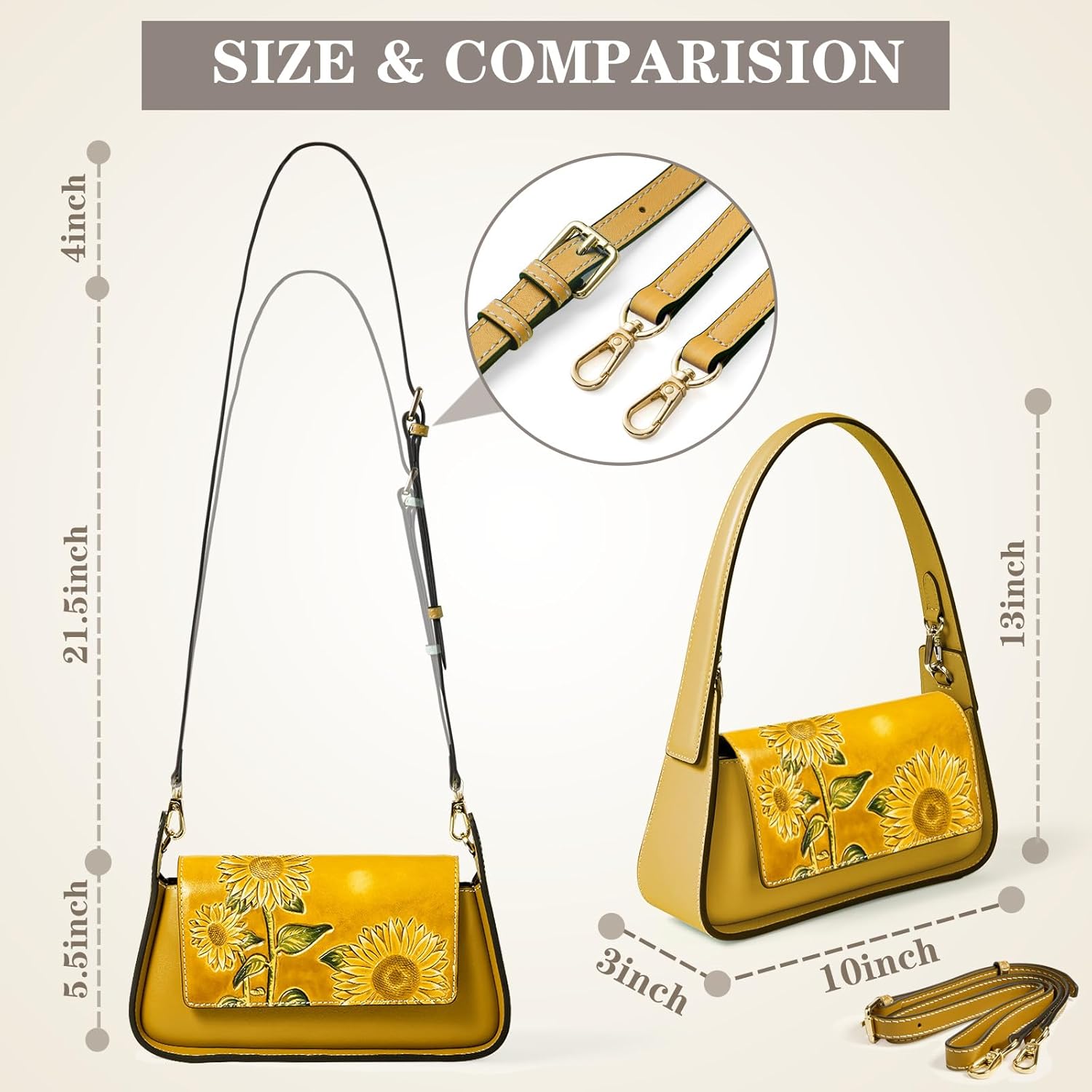 Shoulder Bags for Women, Genuine Leather Shoulder Bag for Women Hand Carved Painted Leather Clutch Saddle Bag with 2 Removable Strap Cute Hobo Tote Handbag Purse (Sunflower) · v2