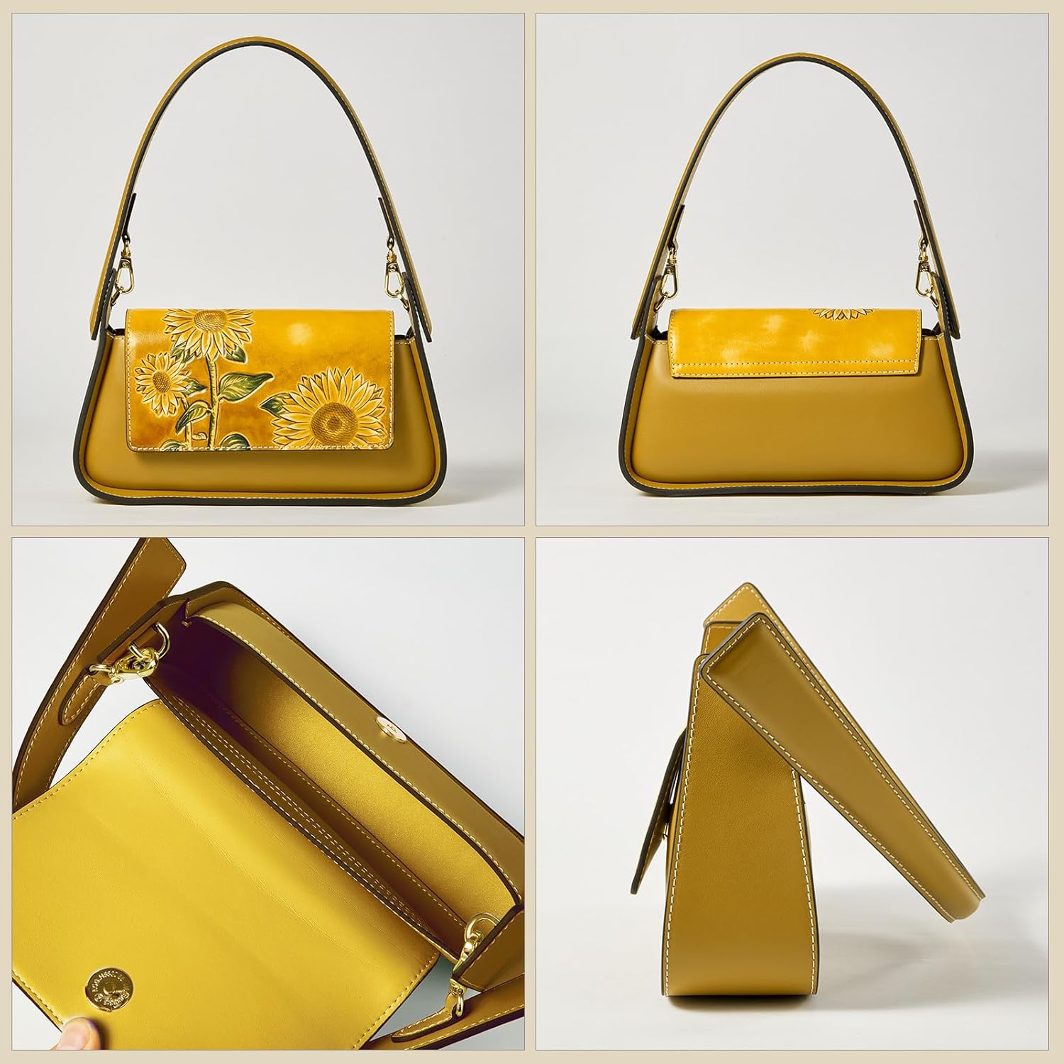 Shoulder Bags for Women, Genuine Leather Shoulder Bag for Women Hand Carved Painted Leather Clutch Saddle Bag with 2 Removable Strap Cute Hobo Tote Handbag Purse (Sunflower) · v2