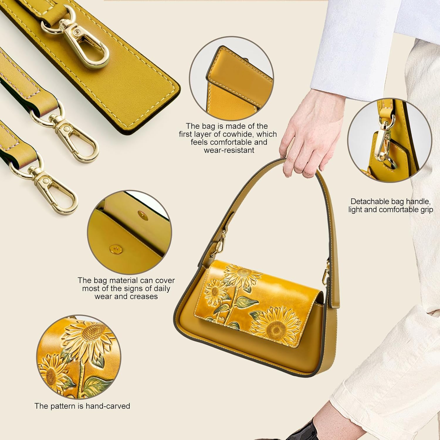 Shoulder Bags for Women, Genuine Leather Shoulder Bag for Women Hand Carved Painted Leather Clutch Saddle Bag with 2 Removable Strap Cute Hobo Tote Handbag Purse (Sunflower) · v2