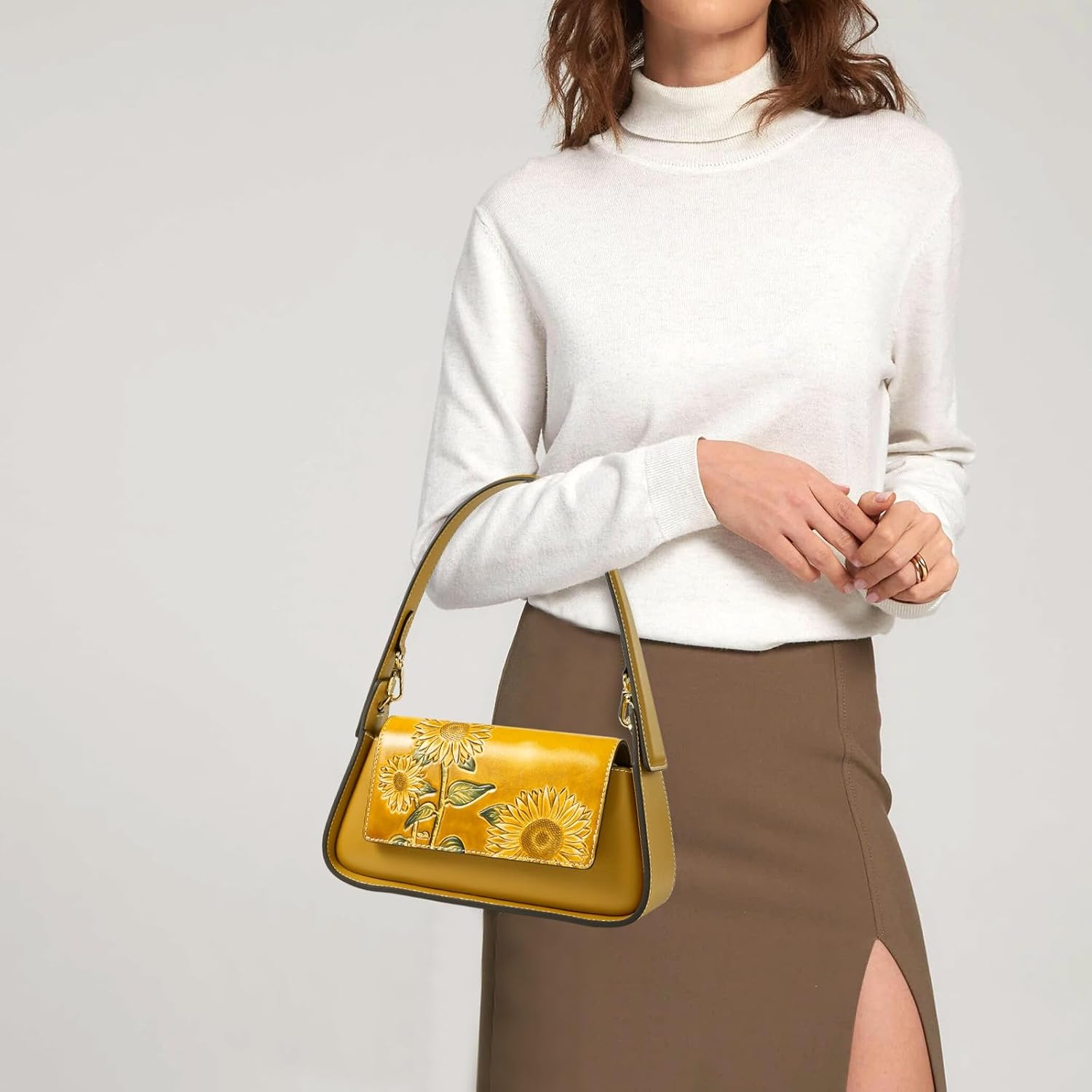 Shoulder Bags for Women, Genuine Leather Shoulder Bag for Women Hand Carved Painted Leather Clutch Saddle Bag with 2 Removable Strap Cute Hobo Tote Handbag Purse (Sunflower) · v2