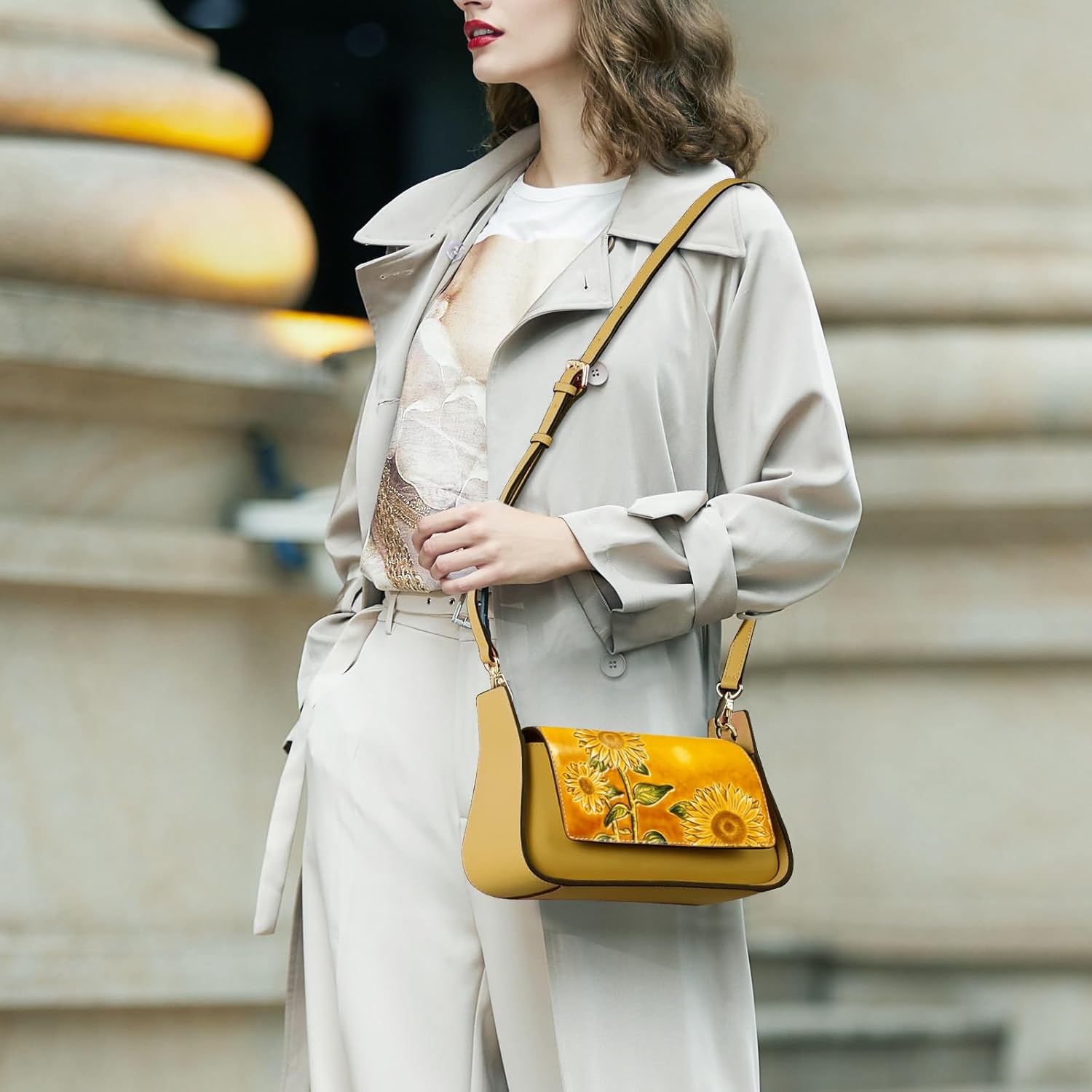 Shoulder Bags for Women, Genuine Leather Shoulder Bag for Women Hand Carved Painted Leather Clutch Saddle Bag with 2 Removable Strap Cute Hobo Tote Handbag Purse (Sunflower) · v2