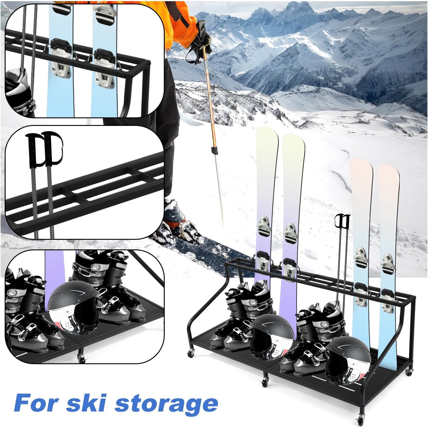 Ski Storage Rack for Garage, Snowboard Display Rack with Wheels Indoor  Outdoor Garden Tool Storage Rack Multifunctional Freestanding Ski Holders for Snowboard Ski Organizer Basement Garage · v2