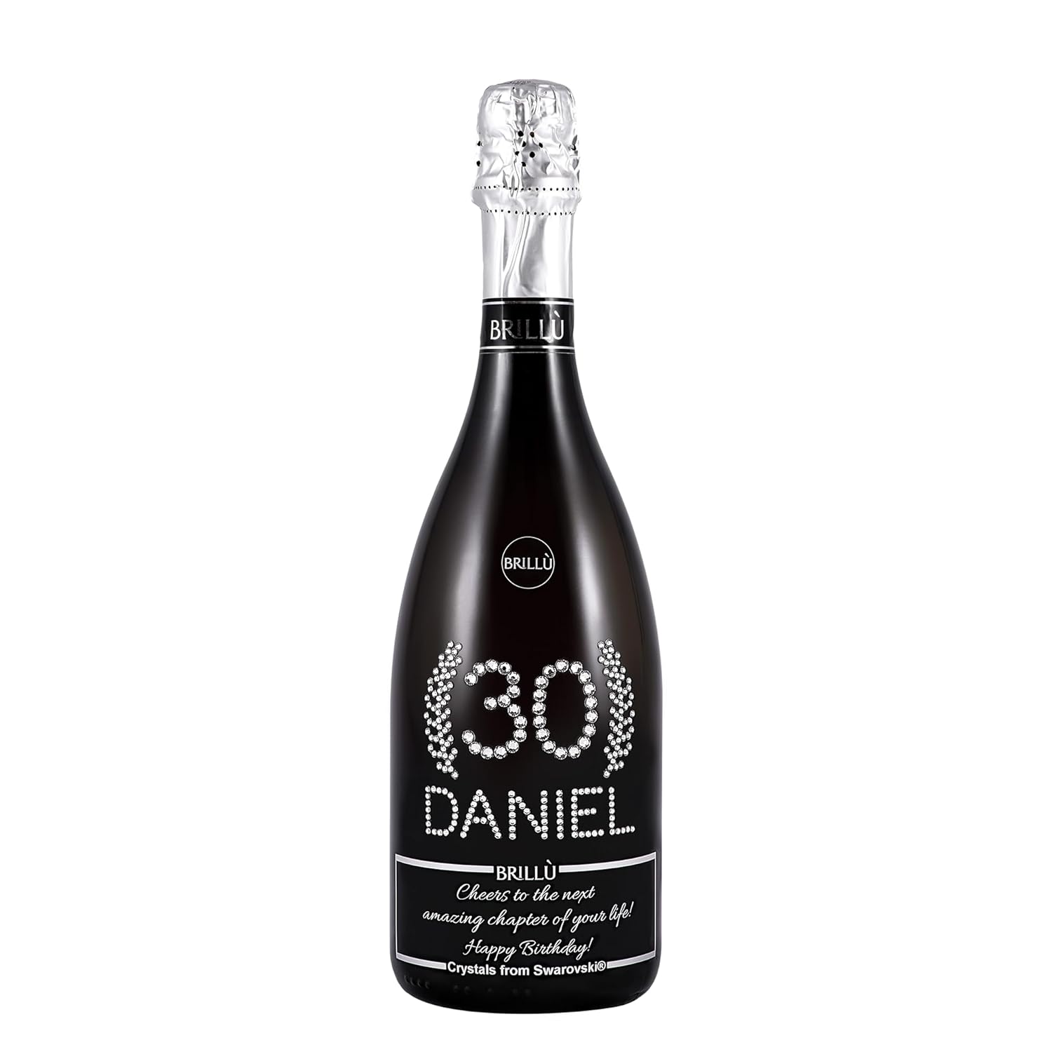Geburtstagsgeschenk, personalisiert mit Alter und Namen in originalen Kristallen, Brillù Crystal Black Sektflasche, 0,75 l