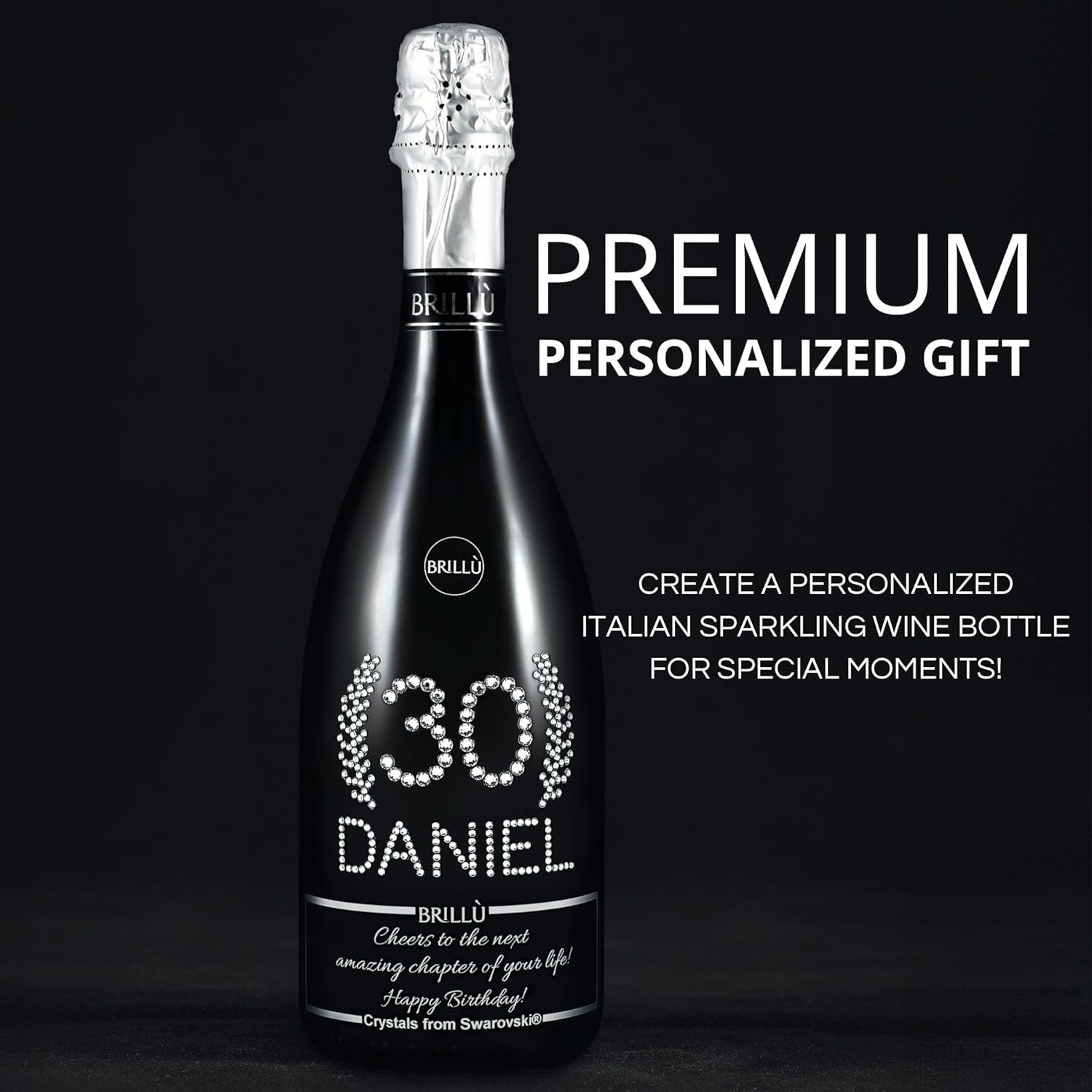 Geburtstagsgeschenk, personalisiert mit Alter und Namen in originalen Kristallen, Brillù Crystal Black Sektflasche, 0,75 l