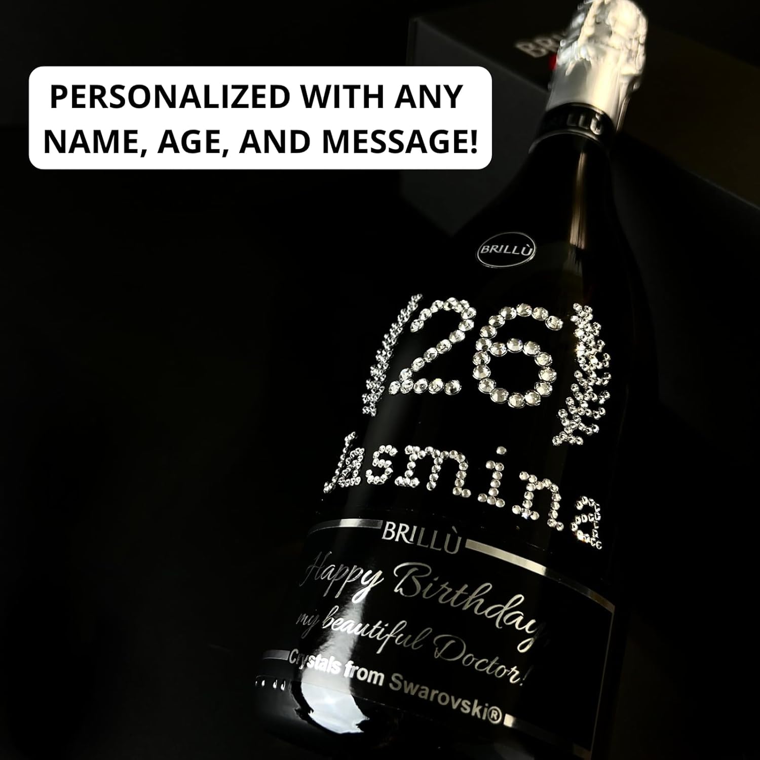 Geburtstagsgeschenk, personalisiert mit Alter und Namen in originalen Kristallen, Brillù Crystal Black Sektflasche, 0,75 l