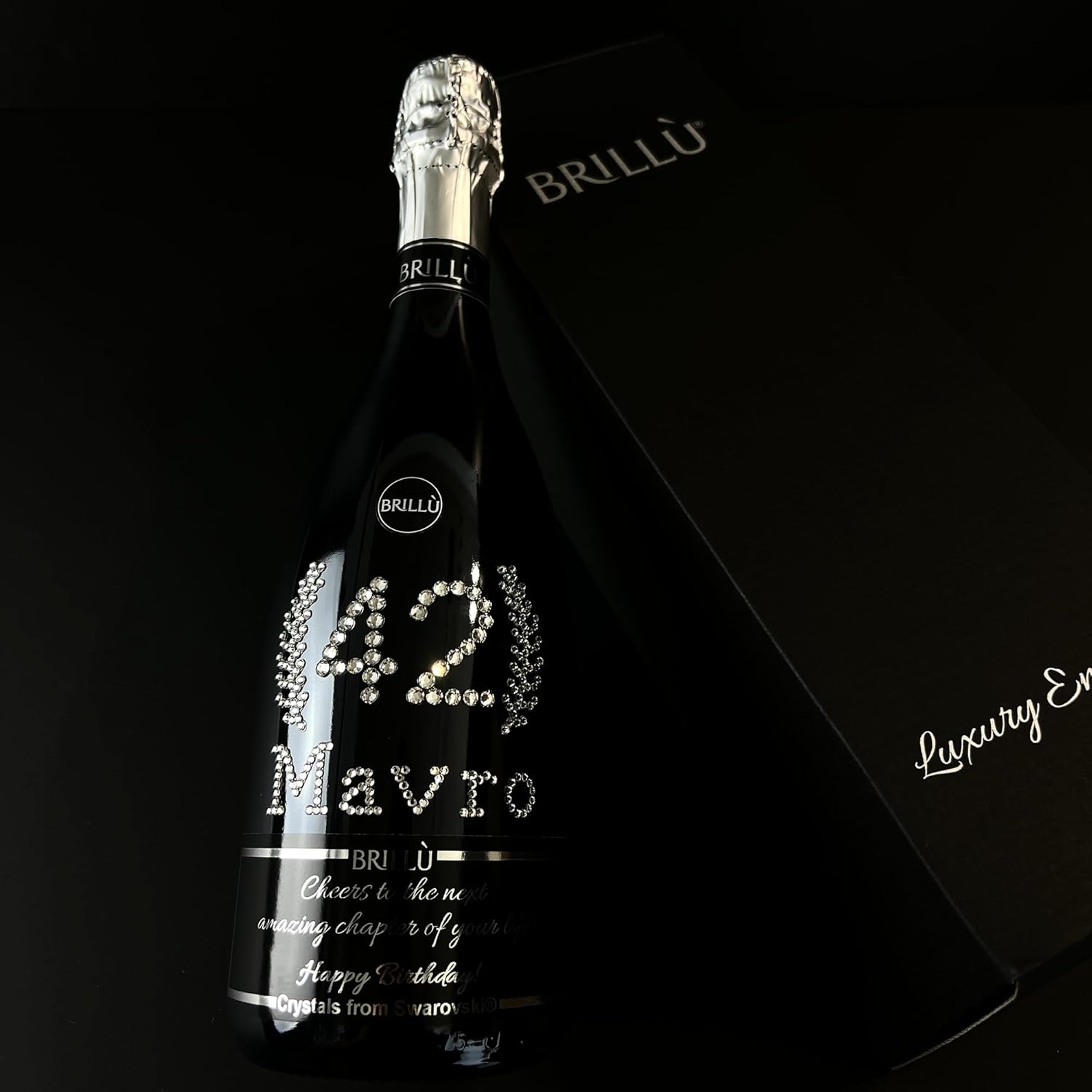 Geburtstagsgeschenk, personalisiert mit Alter und Namen in originalen Kristallen, Brillù Crystal Black Sektflasche, 0,75 l