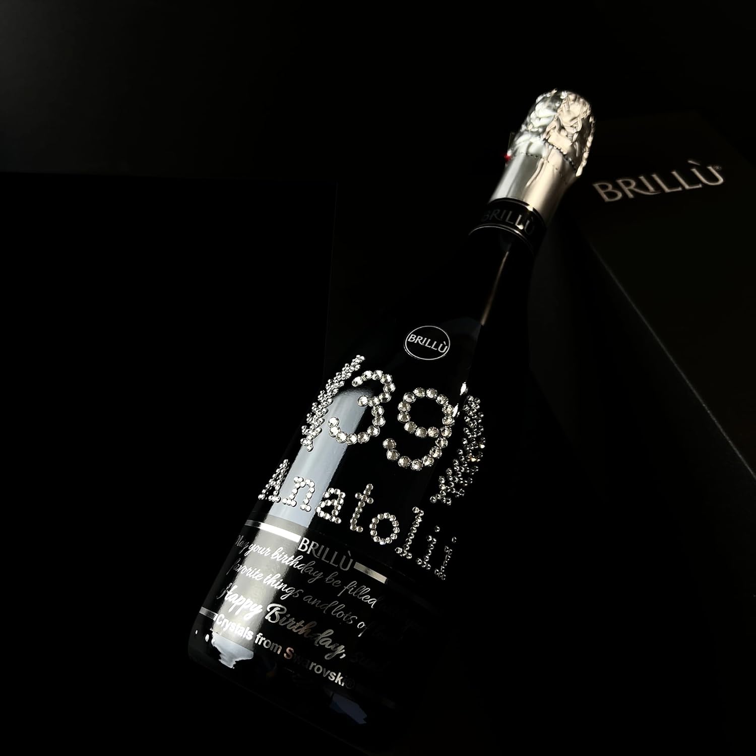 Geburtstagsgeschenk, personalisiert mit Alter und Namen in originalen Kristallen, Brillù Crystal Black Sektflasche, 0,75 l