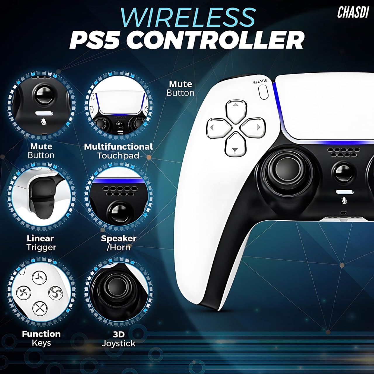 Controller wireless CHASDI compatibile per PS5, Bluetooth 5.0 con batteria da 1000 mAh, doppia vibrazione, controllo del movimento a 6 assi, ricarica USB-C, gamepad compatibile con PS5/PC Windows