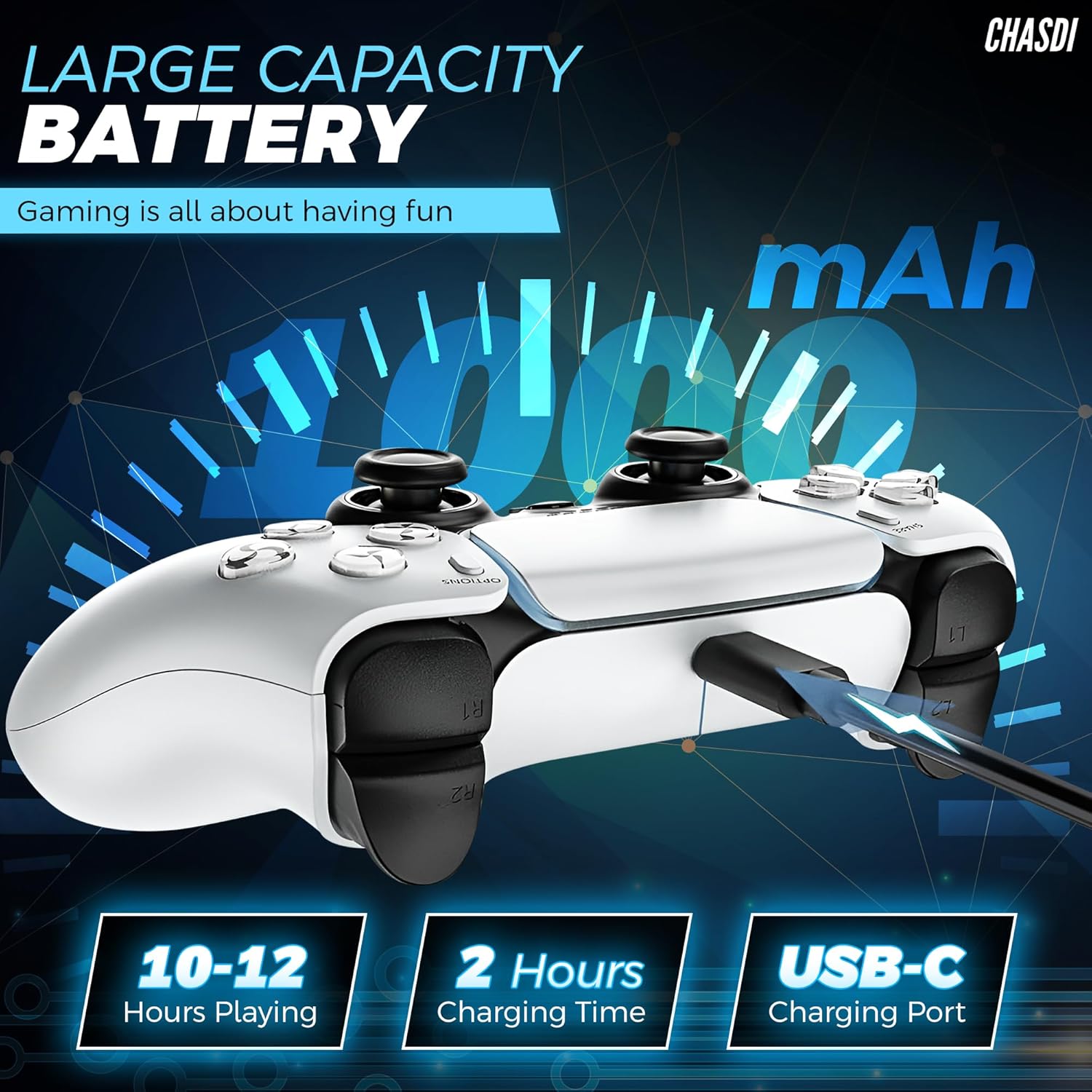 Controller wireless CHASDI compatibile per PS5, Bluetooth 5.0 con batteria da 1000 mAh, doppia vibrazione, controllo del movimento a 6 assi, ricarica USB-C, gamepad compatibile con PS5/PC Windows