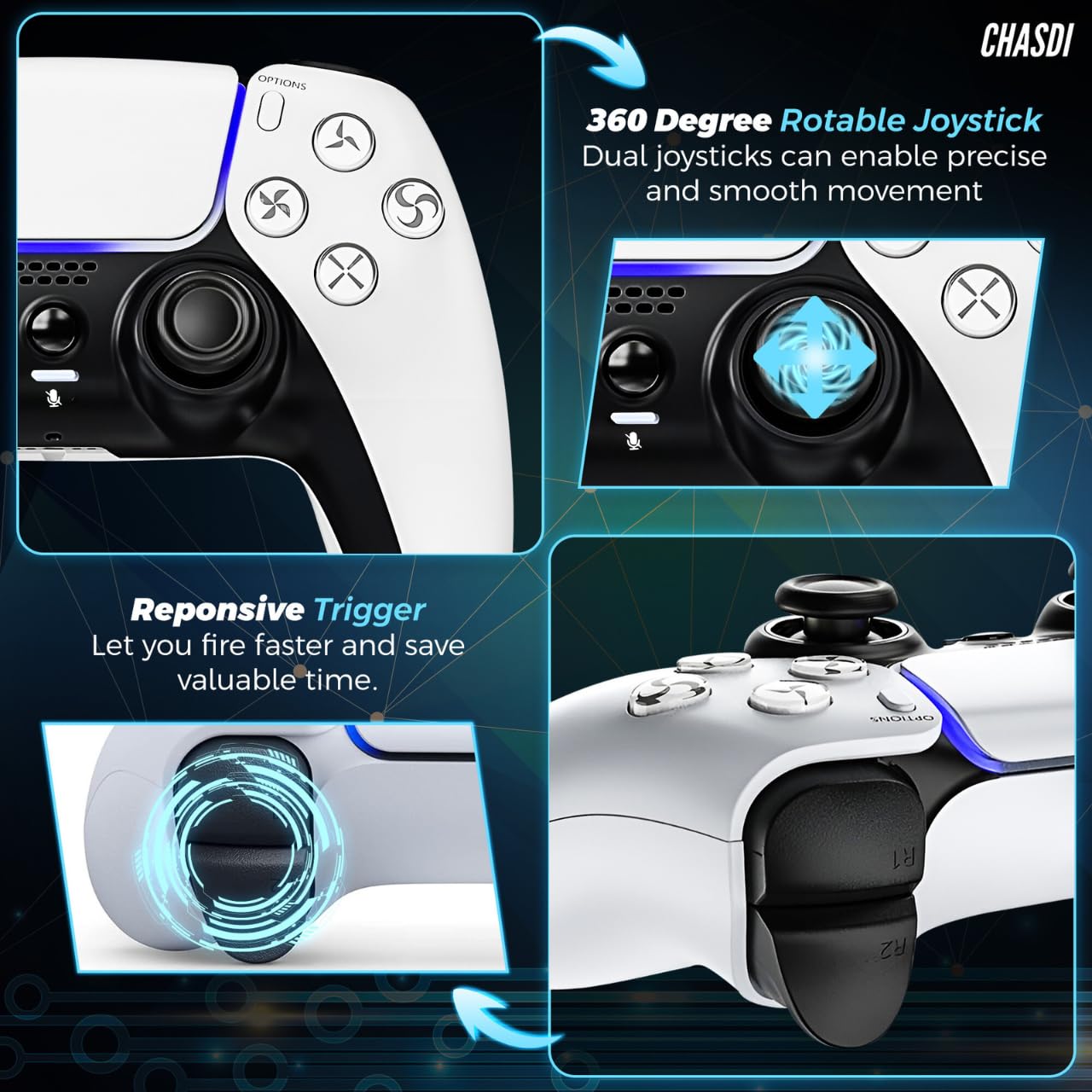 Controller wireless CHASDI compatibile per PS5, Bluetooth 5.0 con batteria da 1000 mAh, doppia vibrazione, controllo del movimento a 6 assi, ricarica USB-C, gamepad compatibile con PS5/PC Windows