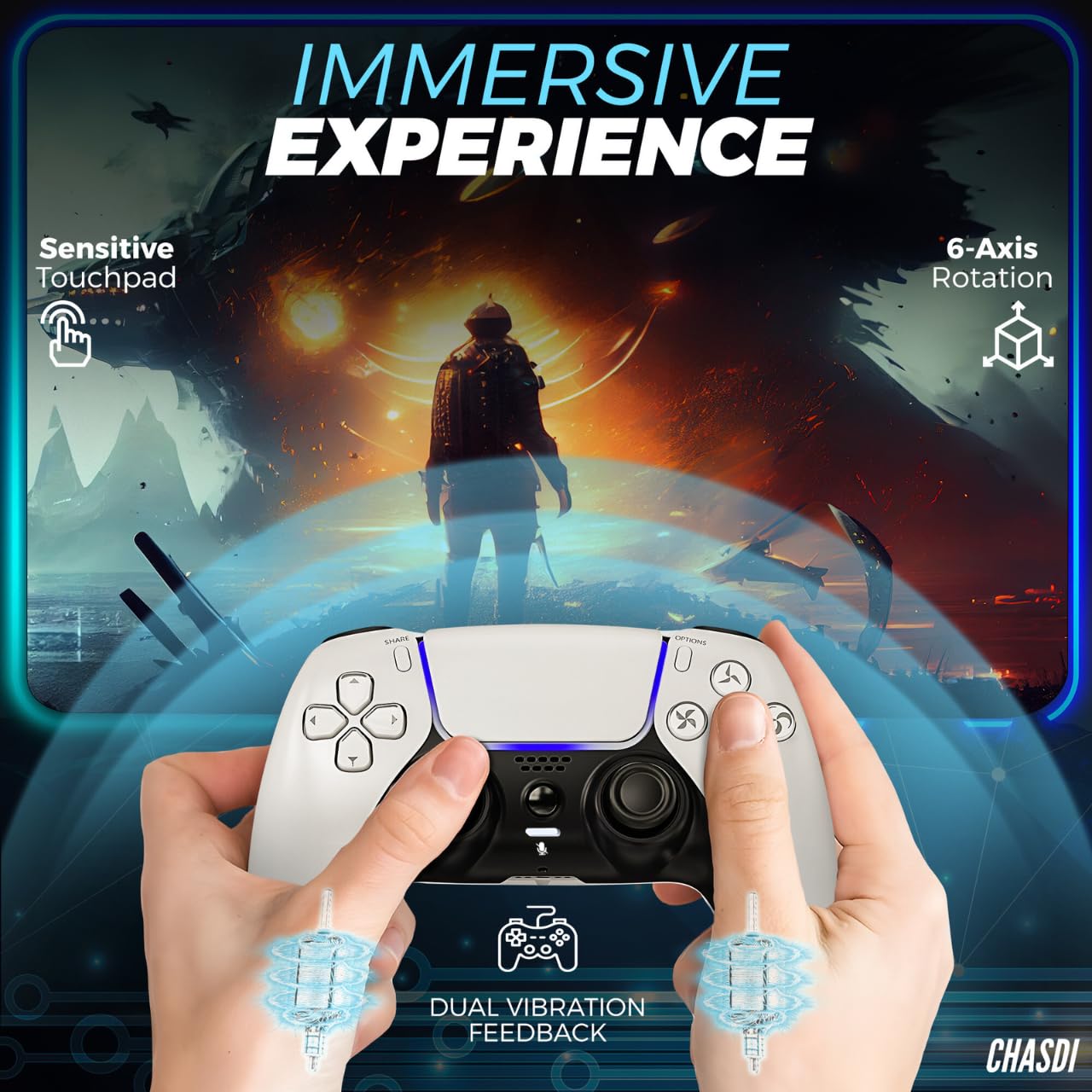 Controller wireless CHASDI compatibile per PS5, Bluetooth 5.0 con batteria da 1000 mAh, doppia vibrazione, controllo del movimento a 6 assi, ricarica USB-C, gamepad compatibile con PS5/PC Windows