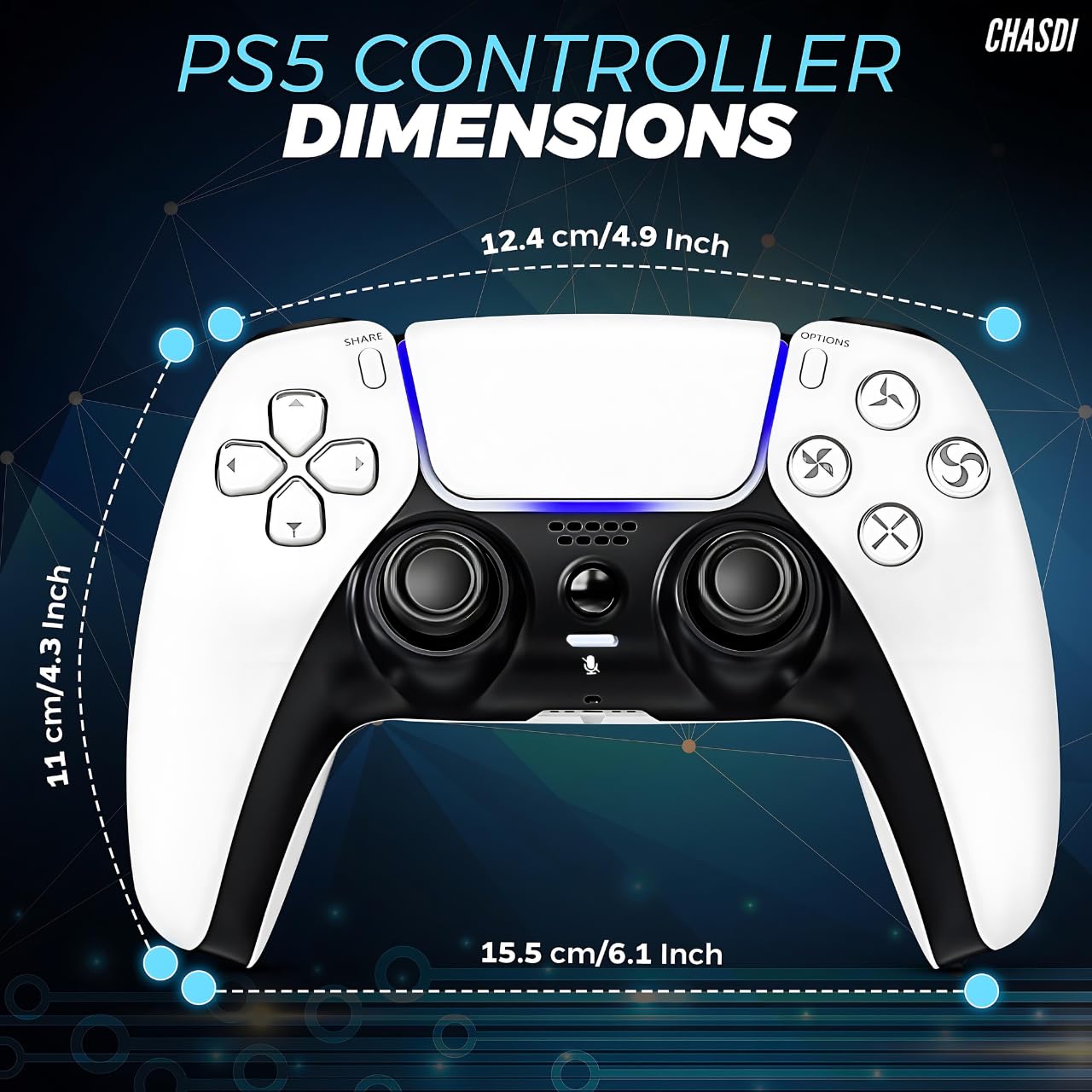 Controller wireless CHASDI compatibile per PS5, Bluetooth 5.0 con batteria da 1000 mAh, doppia vibrazione, controllo del movimento a 6 assi, ricarica USB-C, gamepad compatibile con PS5/PC Windows