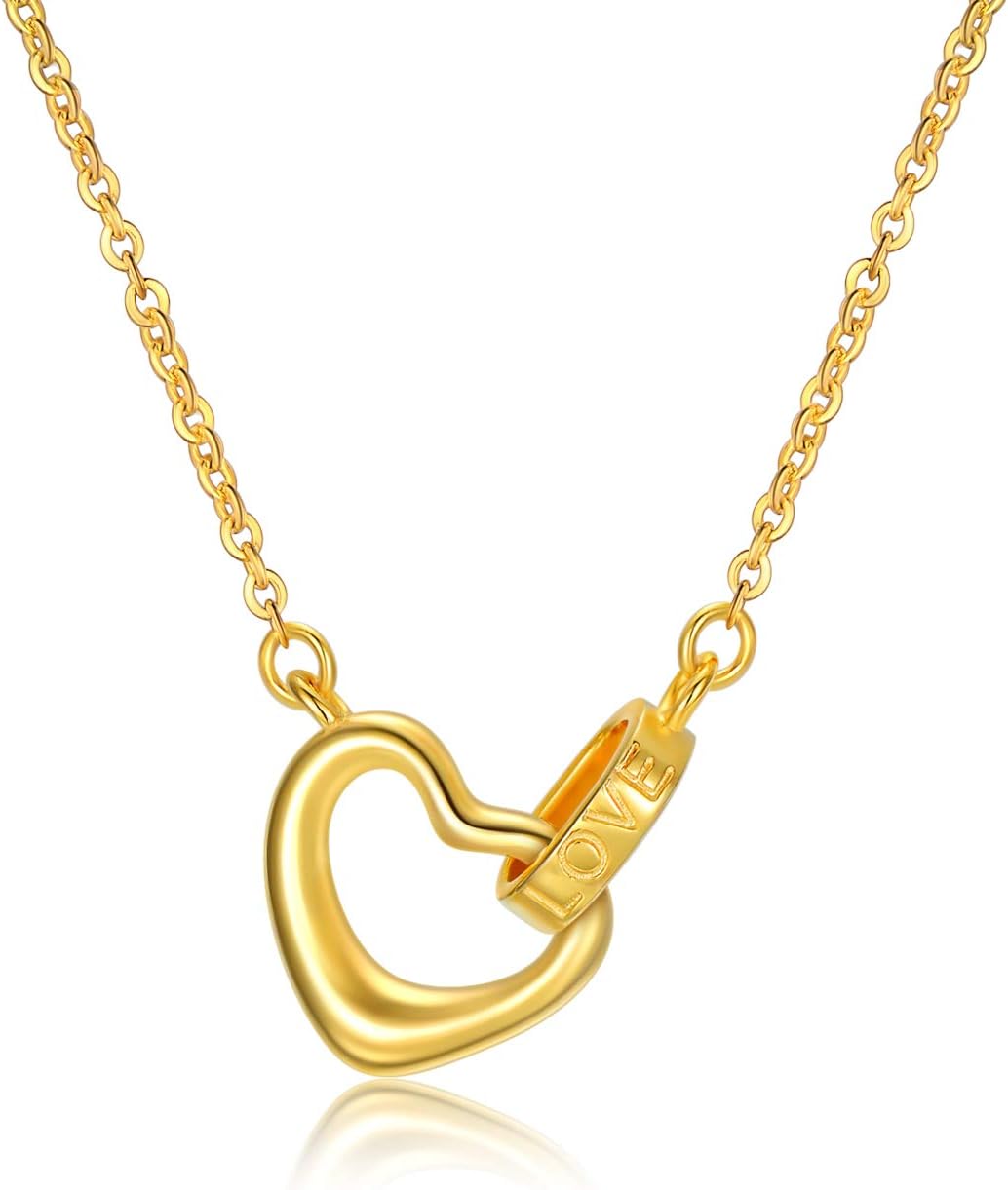 18K Solid Gold Heart Necklace for Women, Real Gold Engraved Love Heart Pendant Christmas Anniversary Present Jewelry for Wife, Mom 18 · v3