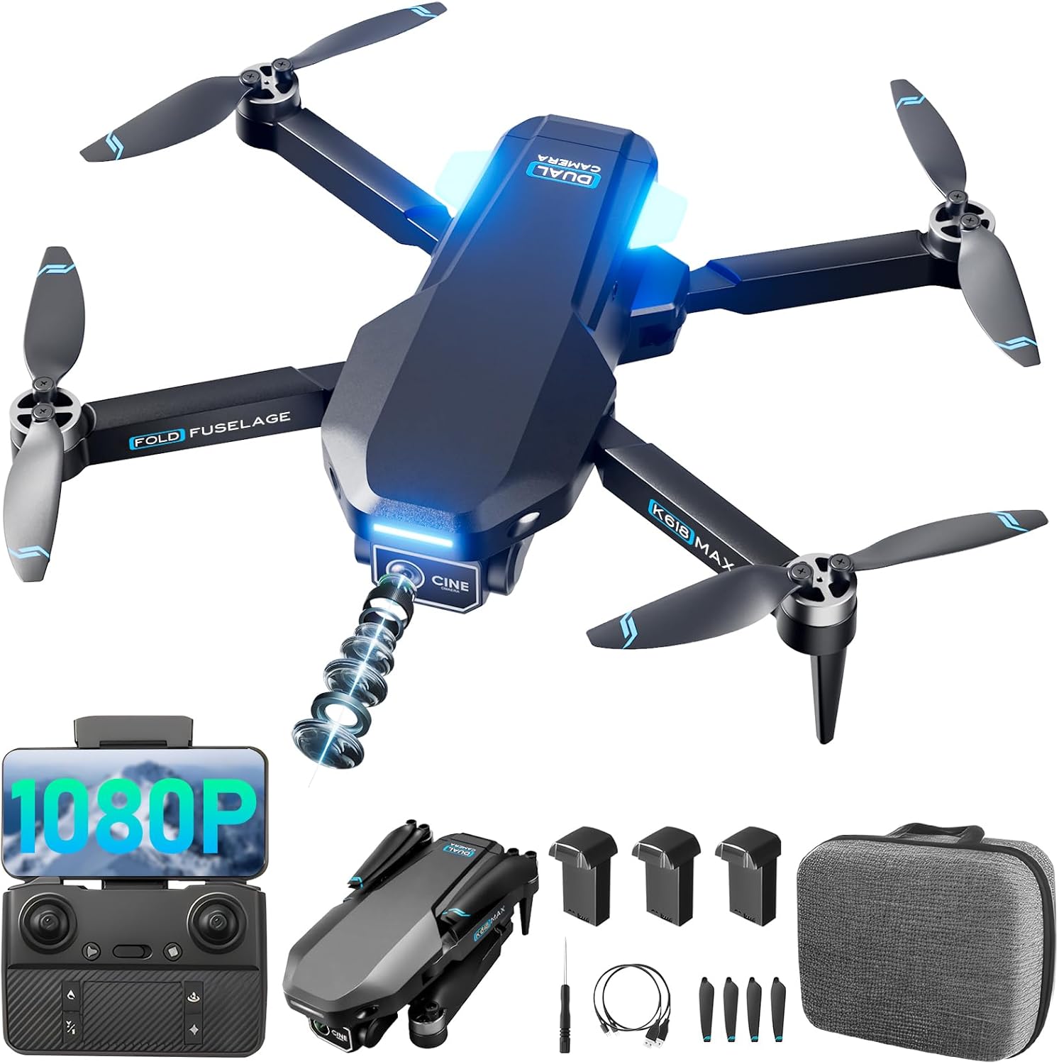 Drone ShowyLive con fotocamera 1080P, drone FPV per bambini di 8 anni, quadricottero con obiettivo regolabile con motore brushless, prevenzione ostacoli, decollo con una chiave, 3 batterie (nero)