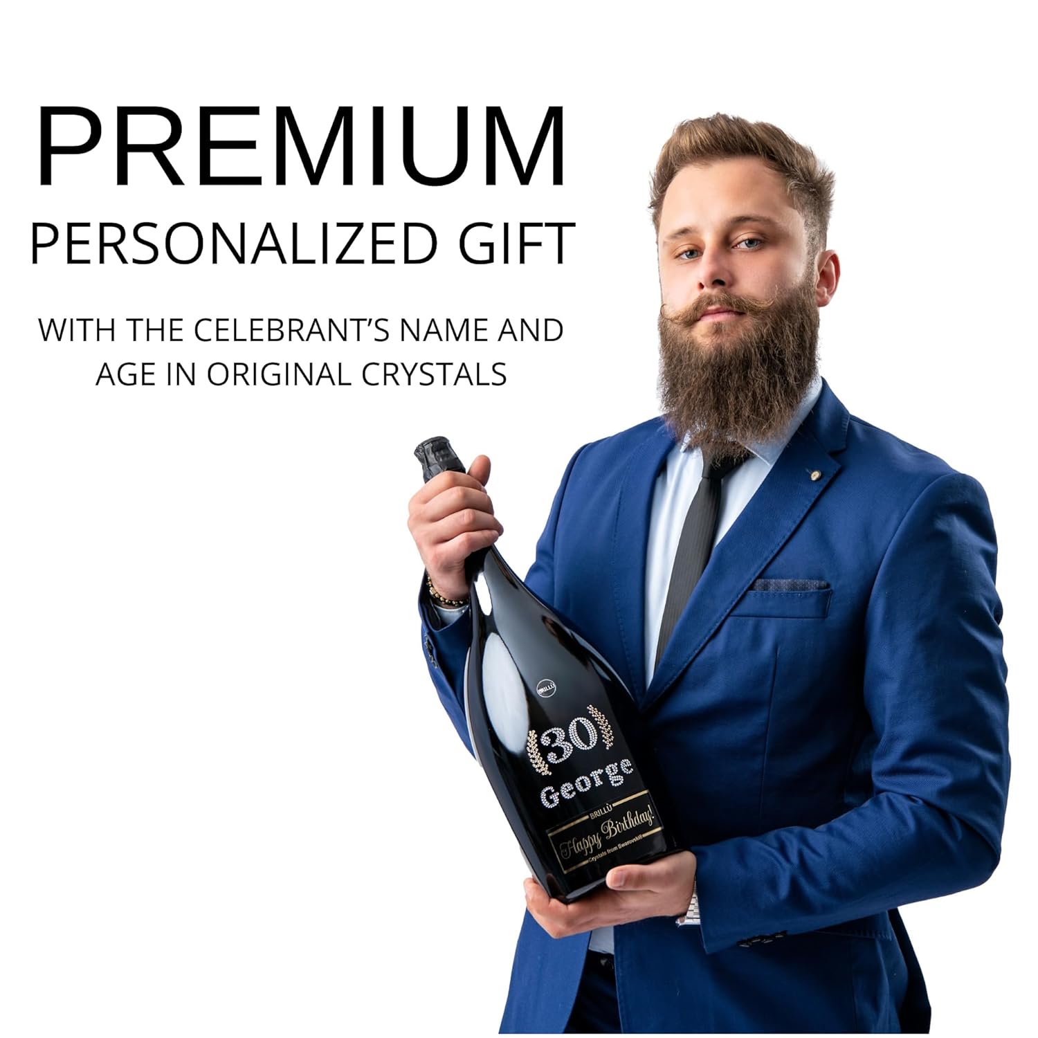 Luxury Birthday Gift, 3L Jeroboam Sparkling Wine Bottle, personalized with age and name in original crystals, Brillù Crystal Black · v3
