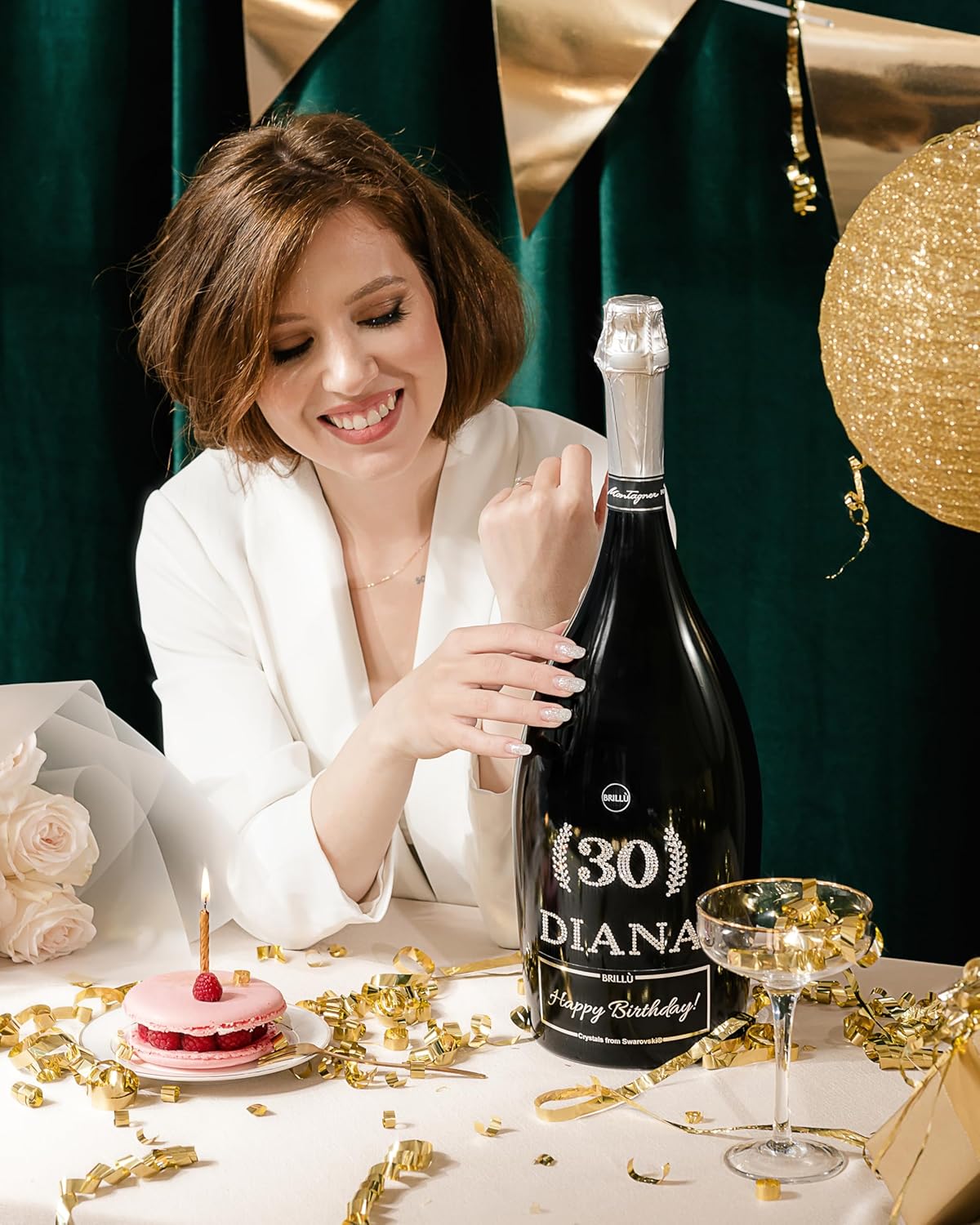 Luxury Birthday Gift, 3L Jeroboam Sparkling Wine Bottle, personalized with age and name in original crystals, Brillù Crystal Black · v3