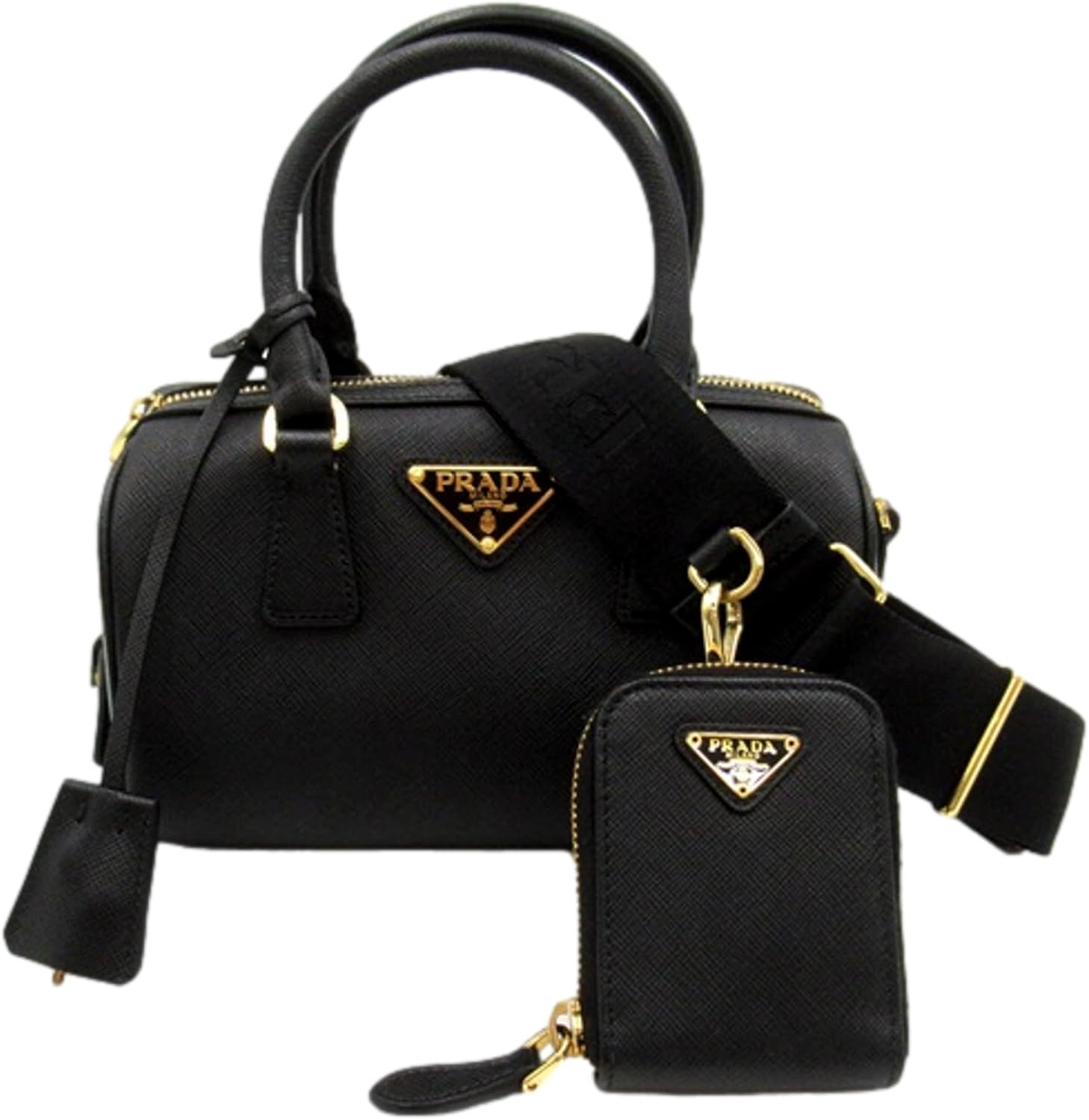 Prada Two-way Top Handle Crossbody Bag Saffiano Leather Black Gold