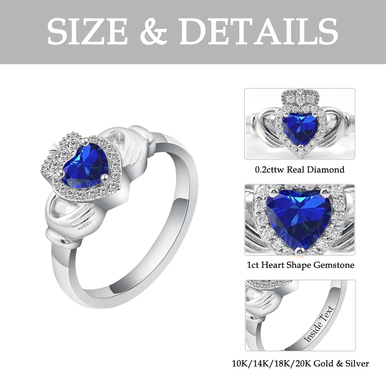 Anelli Claddagh in oro 10 carati 14 carati 18 carati 20 carati 0,2 carati con vero diamante Claddagh a forma di cuore Anello portafortuna irlandese Claddagh Anello di promessa di fidanzamento Claddagh per donna moglie fidanzata