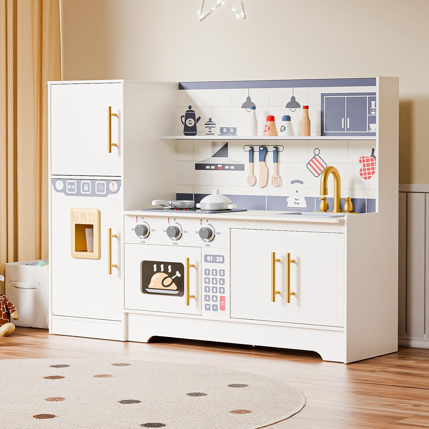 JOYMOR Kids Wooden Play Kitchen Sets, New Modern Childrens Wooden Toy Kitchen w/Refrigerators  Ample Play Kitchen Accessories, Ideal Pretend Playset Gift for Toddlers · v5