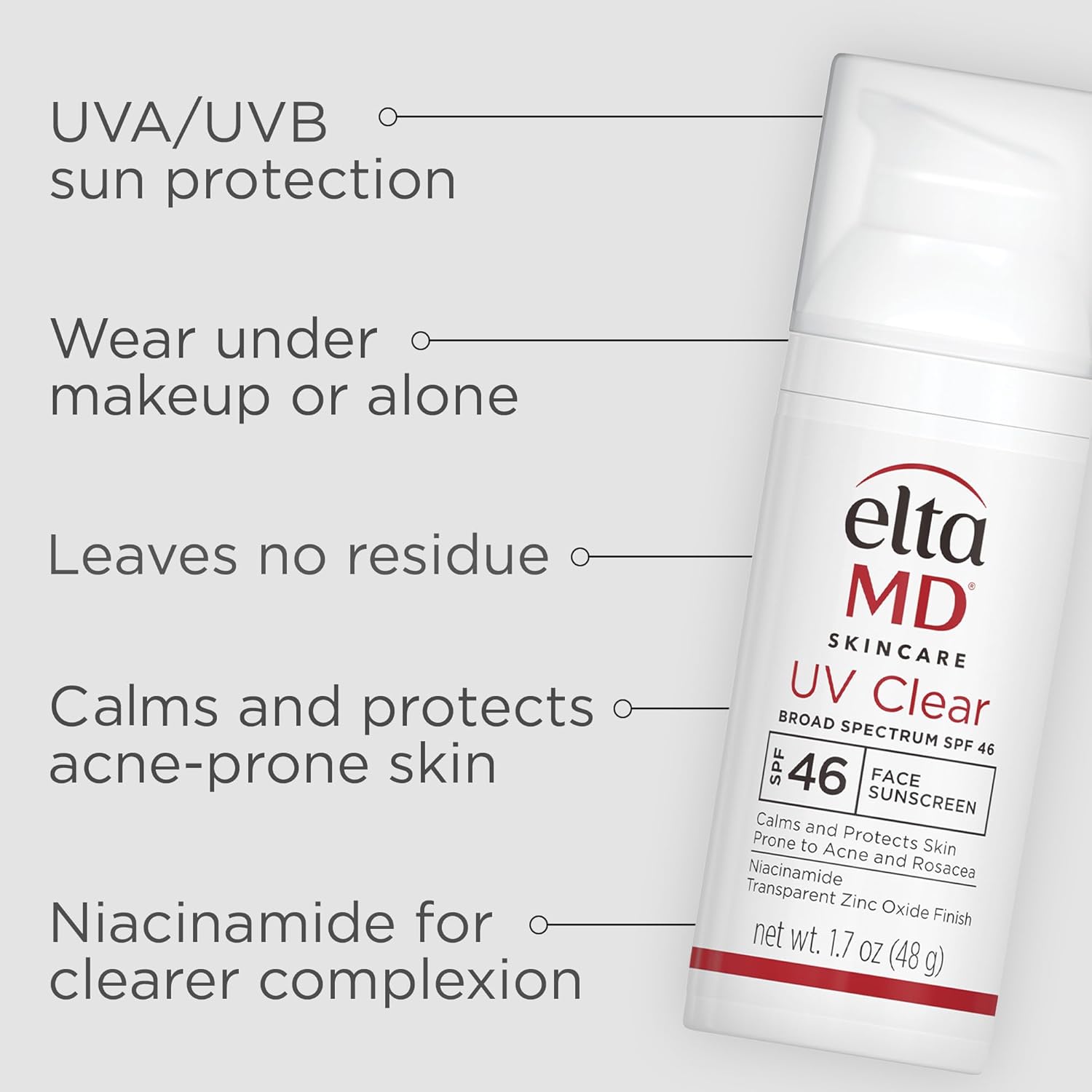 Crème solaire transparente EltaMD UV pour le visage SPF 46, crème solaire sans huile à l'oxyde de zinc, crème solaire recommandée par les dermatologues