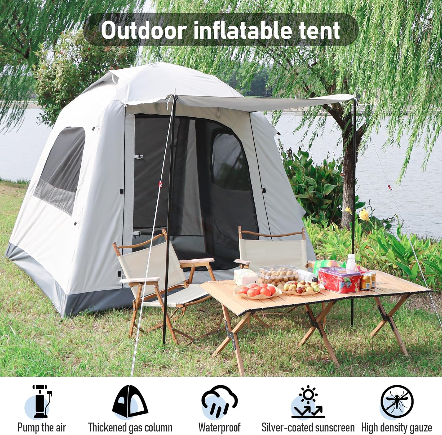 Łatwy w konfiguracji nadmuchiwany namiot kempingowy 3-4 osoby glamping na zewnątrz, wodoodporny nadmuchiwany namiot domowy dla dorosłych