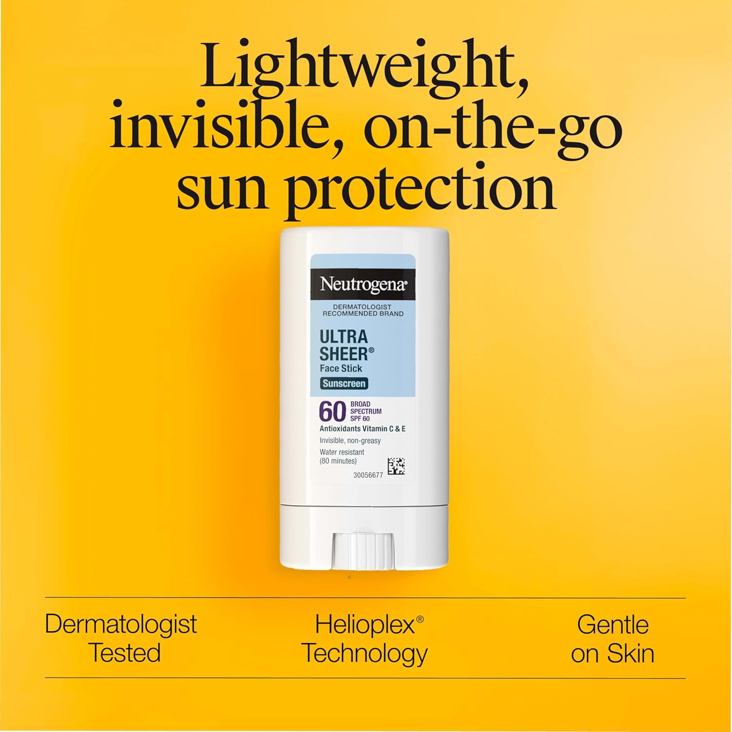 Protector solar facial Neutrogena Ultra Sheer SPF 60, barra facial resistente al agua con protección SPF 60 de amplio espectro para pieles sensibles, miniprotector solar de viaje, sin oxibenzona, 0,47 oz