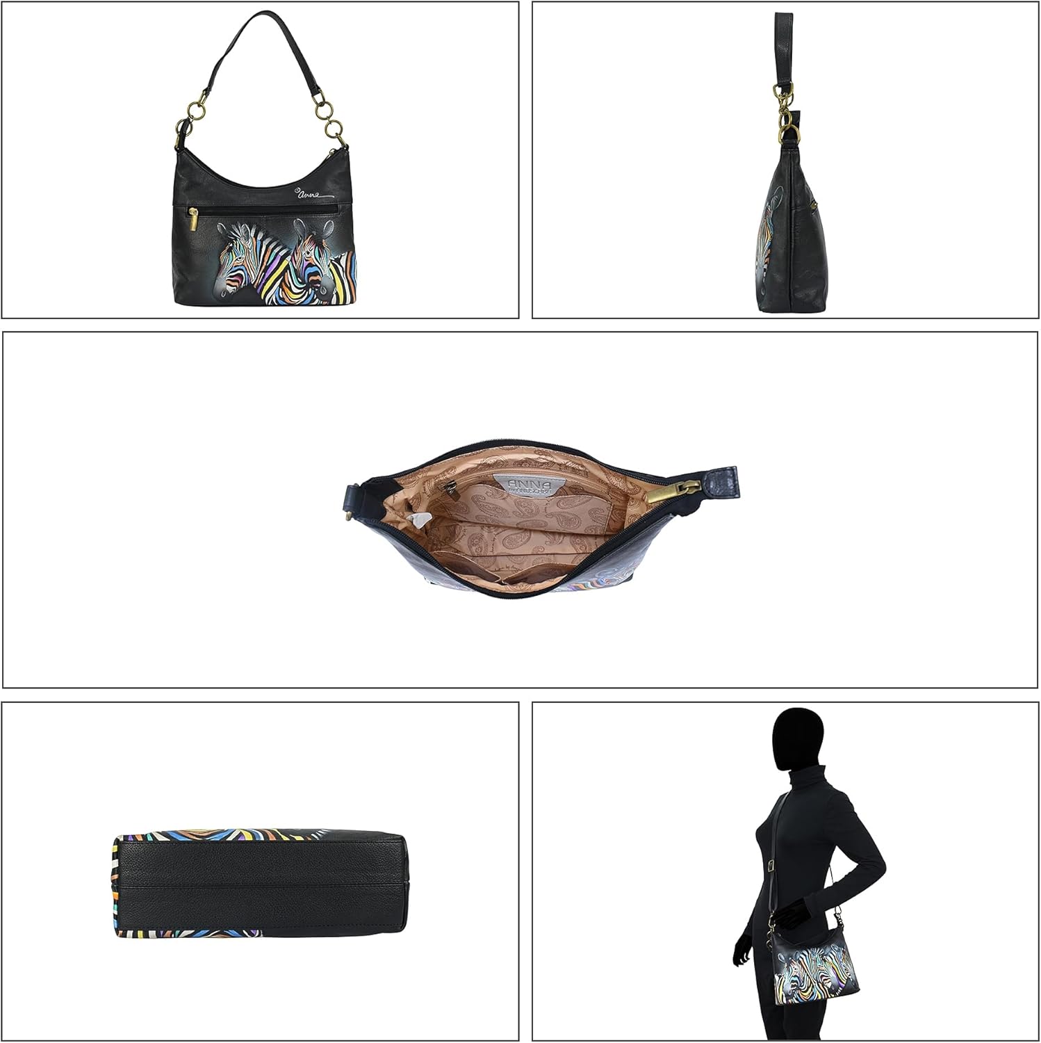 Anna by Anuschka Womens Original Hand-Painted Genuine Leather Hobo Shoulder Bag · v5