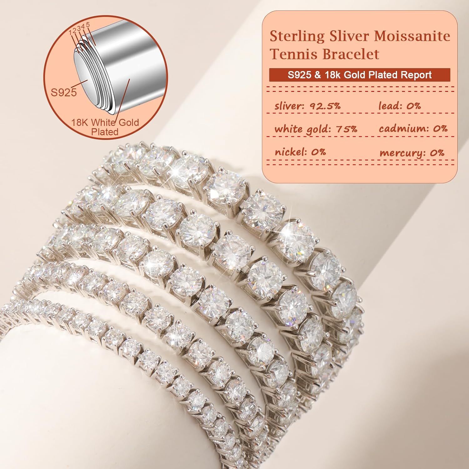 Moissanite Tennis Bracelet Lab-Created 3mm 4mm 5mm D Color VVS1 Round Cut Diamond Tennis Bracelet 18K White Gold Plated 925 Sterling Silver Tennis Bracelet Women Men. · v5