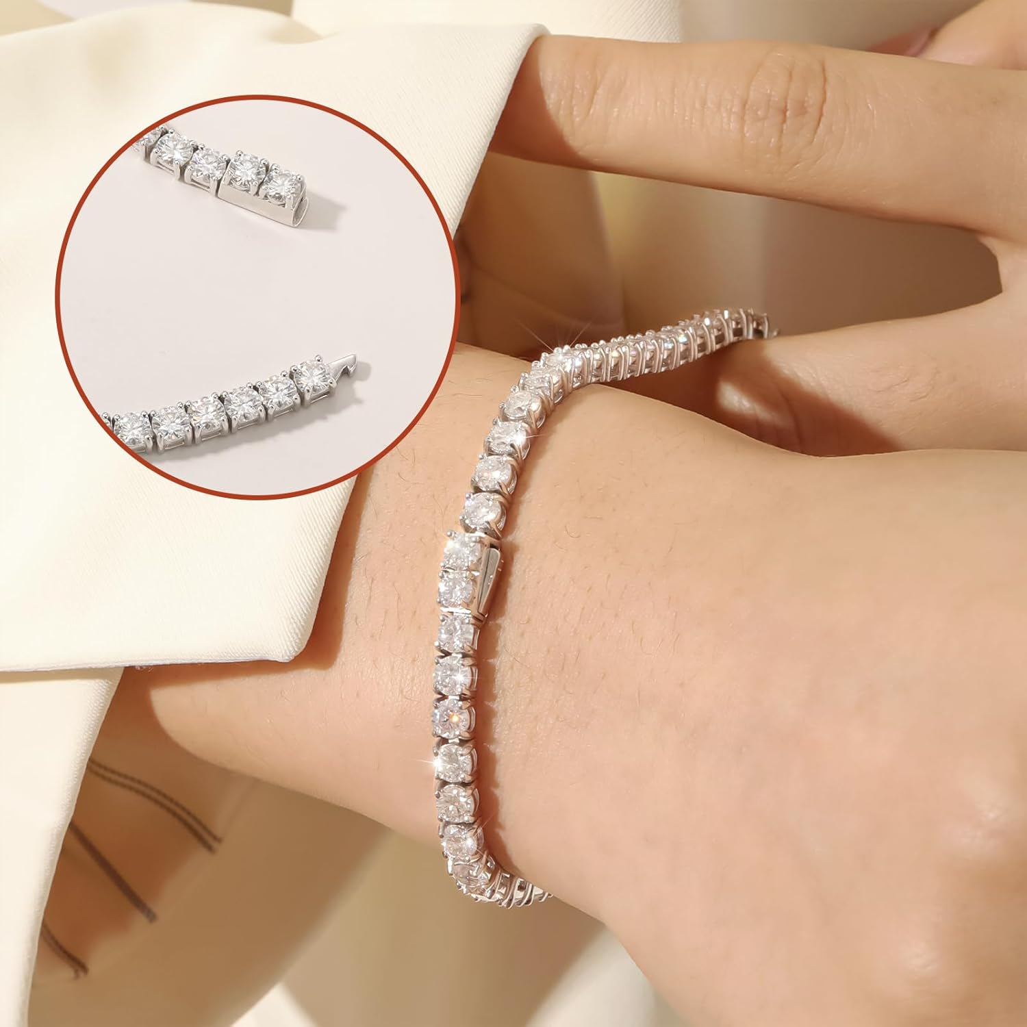 Moissanite Tennis Bracelet Lab-Created 3mm 4mm 5mm D Color VVS1 Round Cut Diamond Tennis Bracelet 18K White Gold Plated 925 Sterling Silver Tennis Bracelet Women Men. · v5