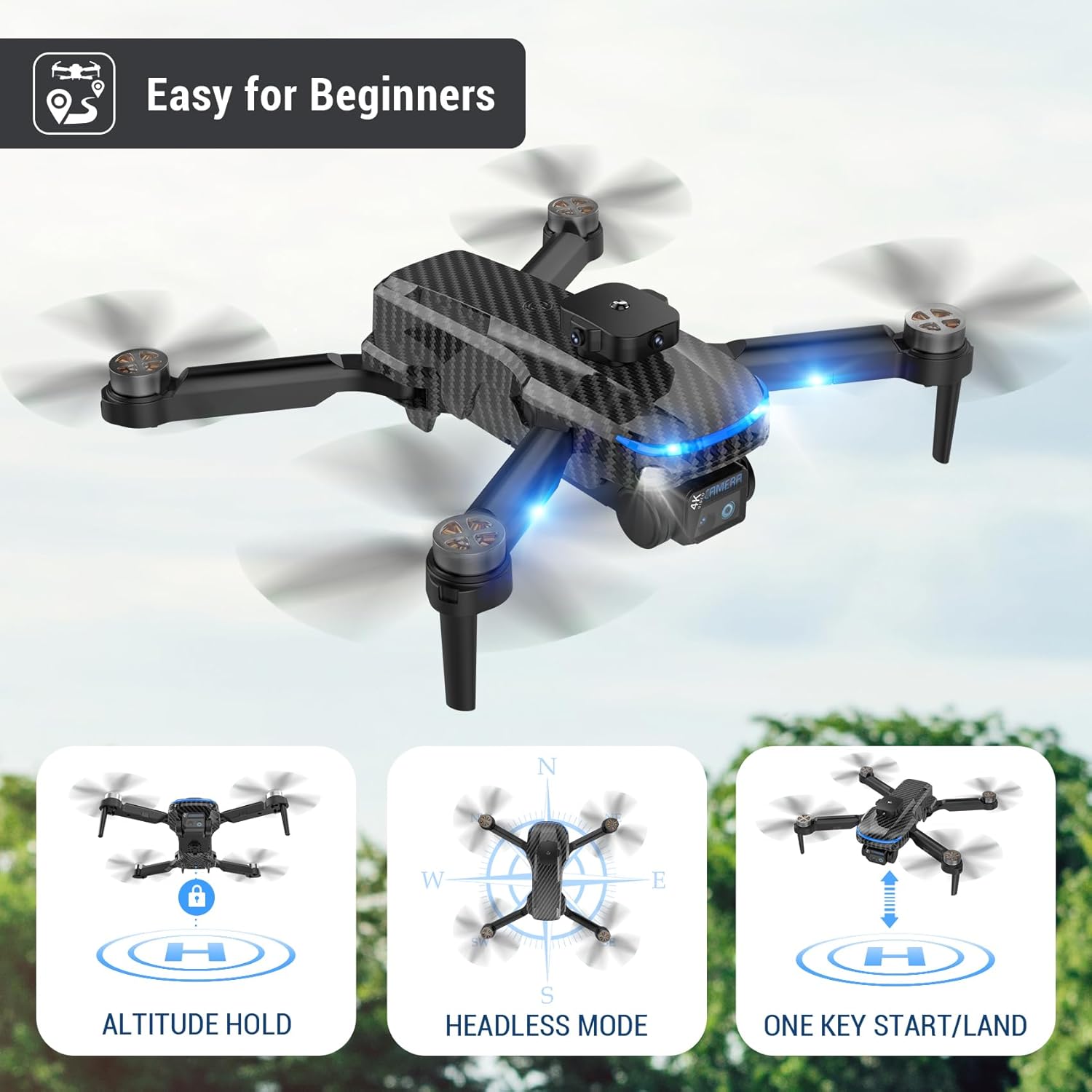4K Drone for Kids Beginners,Emergency Stop,Headless Mode,Carrying Case,360 Flips,2 Batteries - Wireless Toys for Boys and Girls · v4