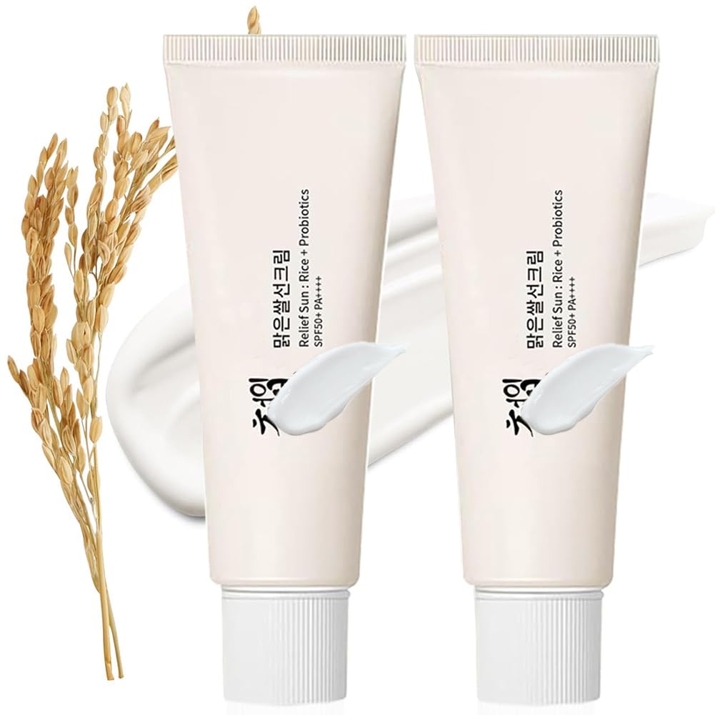 2Pcs Relief Sun Organic Sunscreen, Rice Probiotics Korean Skin protection cream,Family Size Skin protection cream for All Skin Types