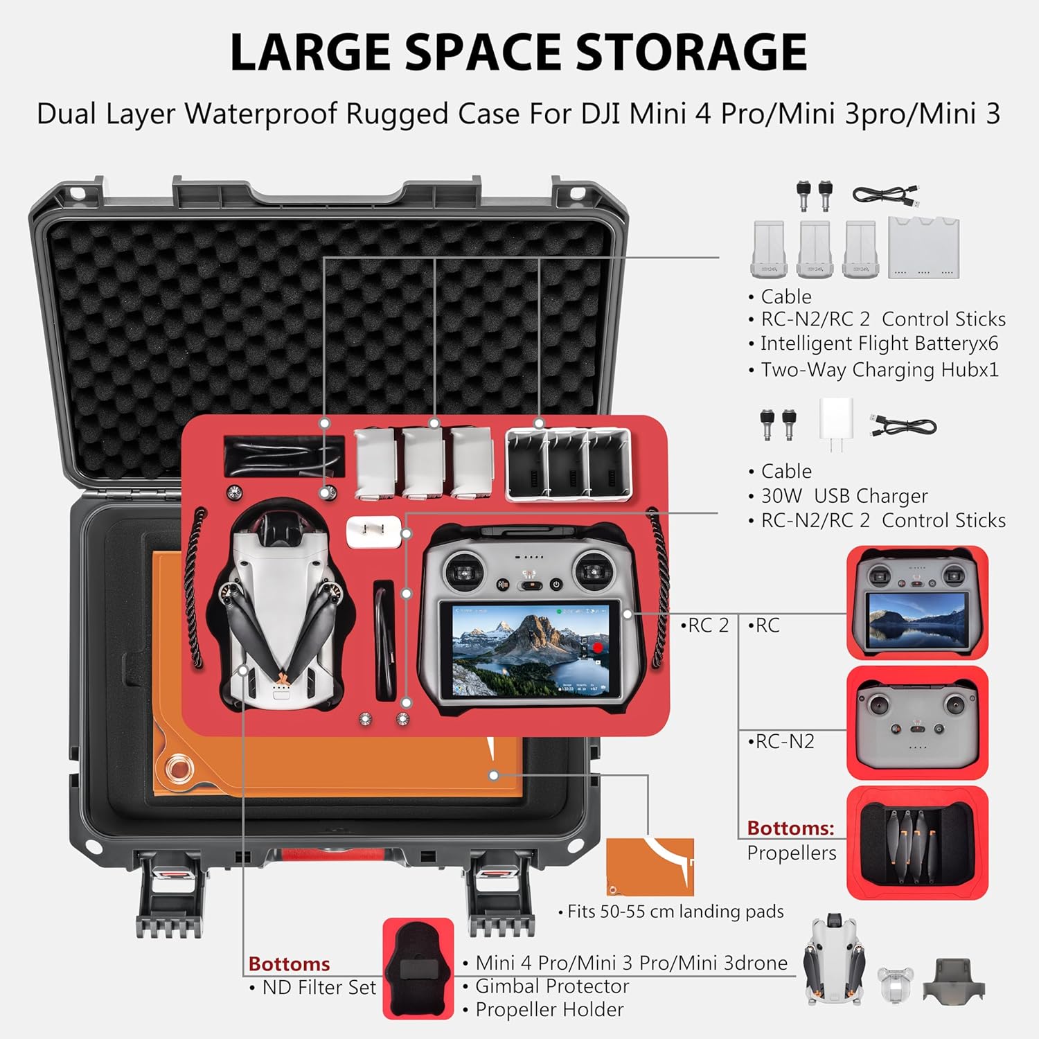 Custodia Mini 4 Pro a doppio strato, impermeabile e resistente agli urti per accessori DJI Mini 4 Pro/Mini 3/Mini 3 Pro, per controller DJI RC 2/RC-N2, hub caricabatterie