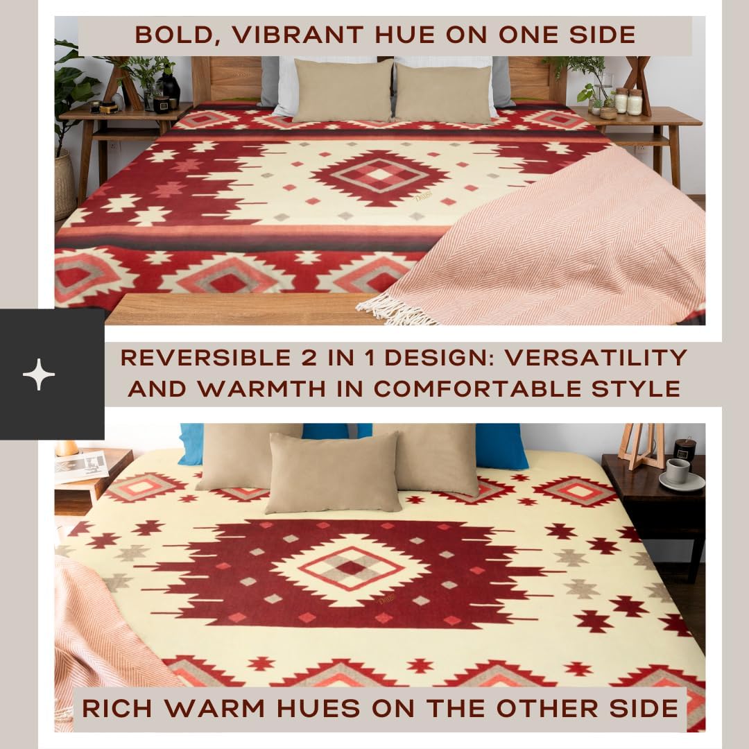 Alpaca Wool Blanket | Reversible 2 in 1 | Thick, Ultra Soft, Breathable and Hypoallergenic | Non-Itchy or Scratchy | Made in Ecuador (Burgundy Gray Beige Varicolored, Aztec) · v2