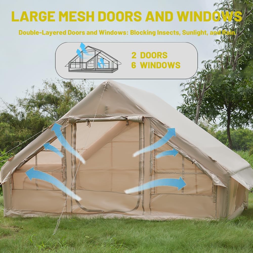 เต็นท์ตั้งแคมป์แบบเป่าลมติดตั้งง่าย 4 ฤดูกาล เต็นท์แบบ Glamping พร้อมโครงสร้างเป่าลมประสิทธิภาพสูงสำหรับ 4-6 คน เต็นท์เป่าลมแบบกันลมสำหรับกลางแจ้งที่รองรับตัวเองได้ เต็นท์เป่าลมสำหรับบ้านพกพา