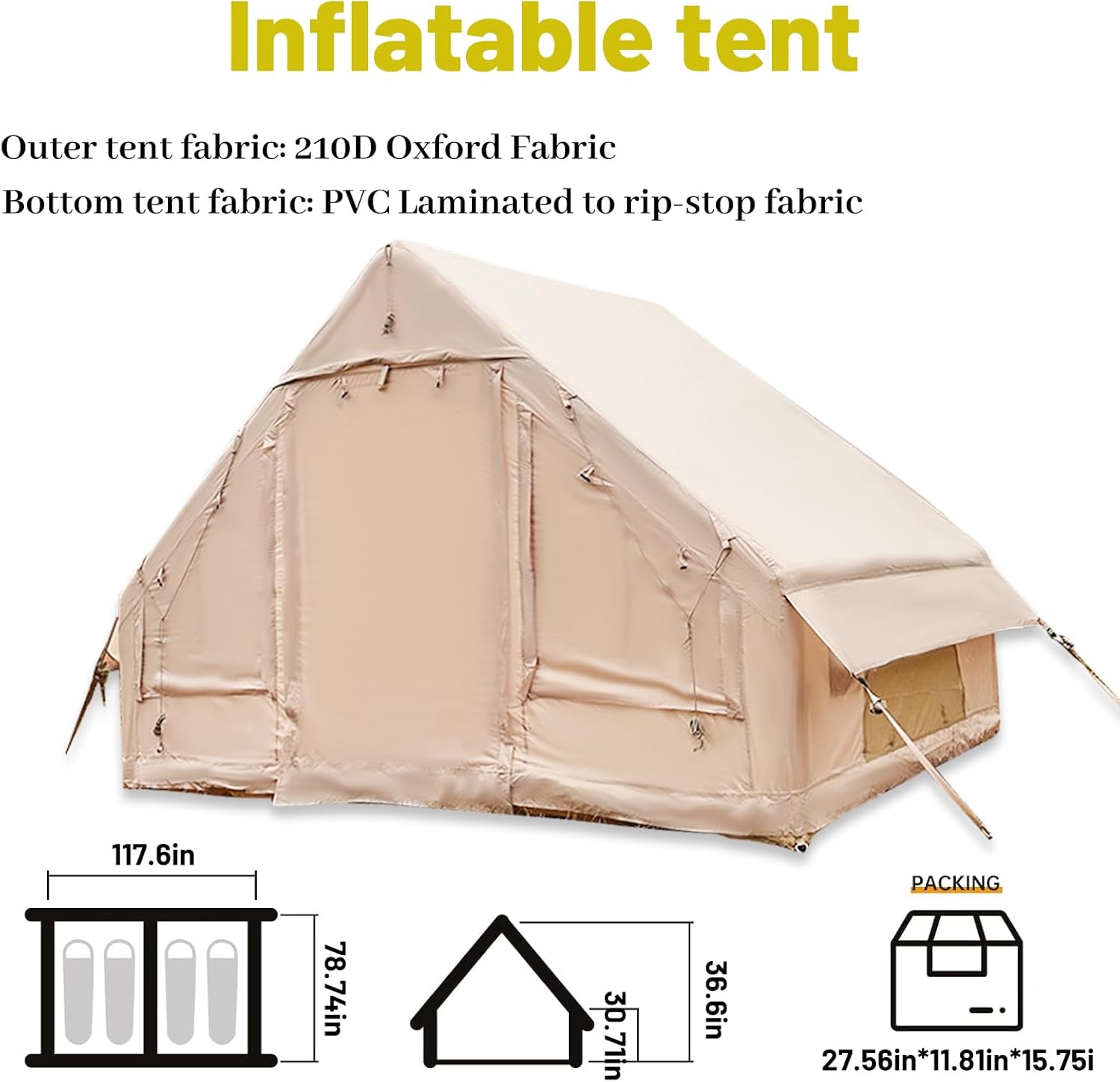 เต็นท์ตั้งแคมป์แบบเป่าลมติดตั้งง่าย 4 ฤดูกาล เต็นท์แบบ Glamping พร้อมโครงสร้างเป่าลมประสิทธิภาพสูงสำหรับ 4-6 คน เต็นท์เป่าลมแบบกันลมสำหรับกลางแจ้งที่รองรับตัวเองได้ เต็นท์เป่าลมสำหรับบ้านพกพา