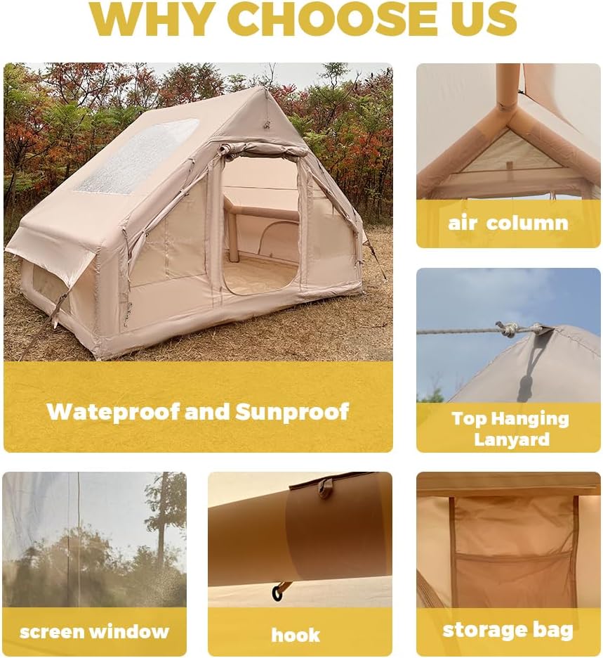 เต็นท์ตั้งแคมป์แบบเป่าลมติดตั้งง่าย 4 ฤดูกาล เต็นท์แบบ Glamping พร้อมโครงสร้างเป่าลมประสิทธิภาพสูงสำหรับ 4-6 คน เต็นท์เป่าลมแบบกันลมสำหรับกลางแจ้งที่รองรับตัวเองได้ เต็นท์เป่าลมสำหรับบ้านพกพา