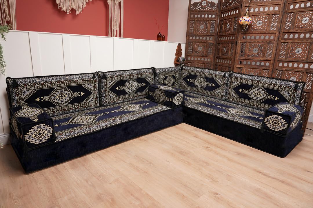 Arabic Majlis, Turkish Floor Sofa, Arabic Jalsa, Floor Cushions, Majlis Sofa, Diwan Sofa, Arabic Floor Seating Set, Moroccan Sofa Set (L Sofa Only, Palace Navy Blue, 8' Thickness Sofa) · v3