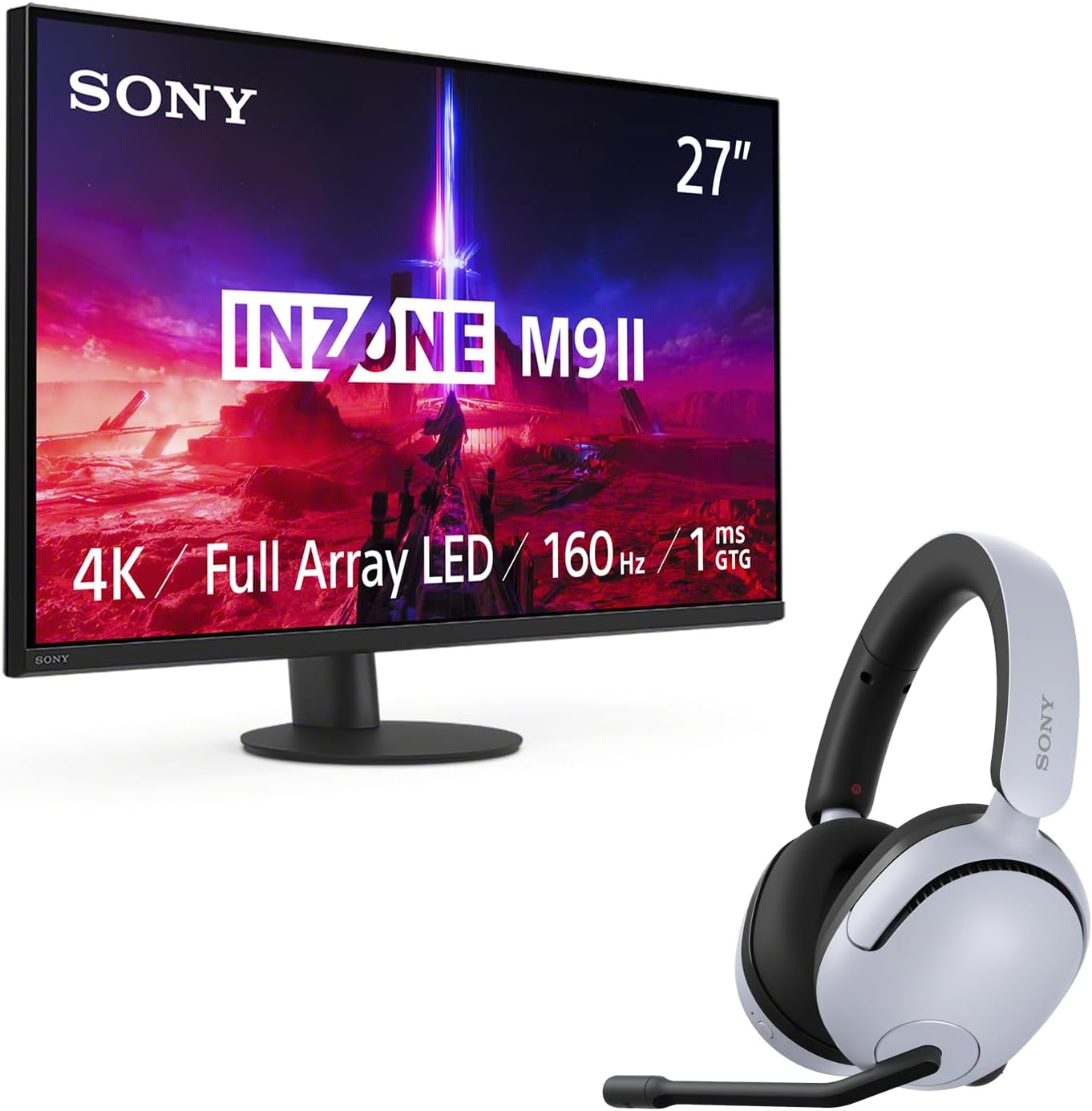 Cuffie da gioco wireless Sony INZONE H5, monitor da gioco HDR LED Full Array INZONE M9 II 4K 160Hz bianco