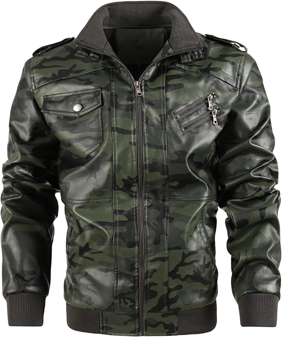 Mens Stand Collar Bomber Faux Leather Jacket Vintage Tie-Dye Motorcycle Pu Coat Full Zipper Overcoat Trench Coat · v3