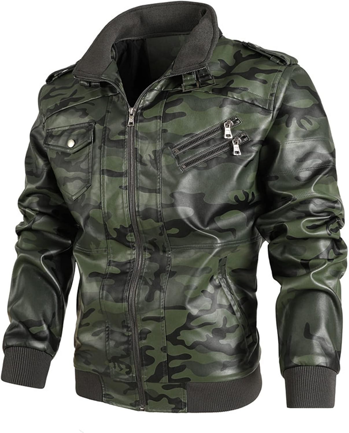 Mens Stand Collar Bomber Faux Leather Jacket Vintage Tie-Dye Motorcycle Pu Coat Full Zipper Overcoat Trench Coat · v3