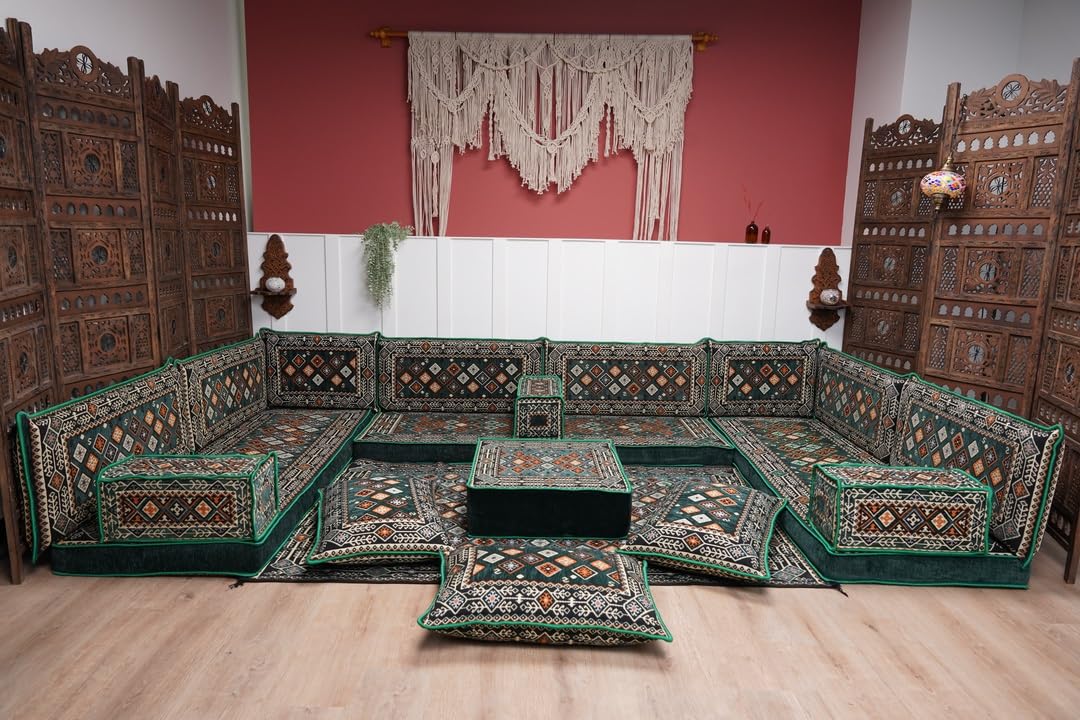 Arabic Floor Sofa Set, Turkish Sofa, Arabic Floor Seating Set, Moroccan Sofa Set, Floor Cushions, Corner Sofa (U Sofa Full Set, Chile Green, 4' Thickness Sofa) · v2