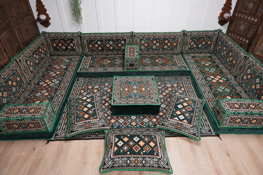 Arabic Floor Sofa Set, Turkish Sofa, Arabic Floor Seating Set, Moroccan Sofa Set, Floor Cushions, Corner Sofa (U Sofa Full Set, Chile Green, 4' Thickness Sofa) · v2