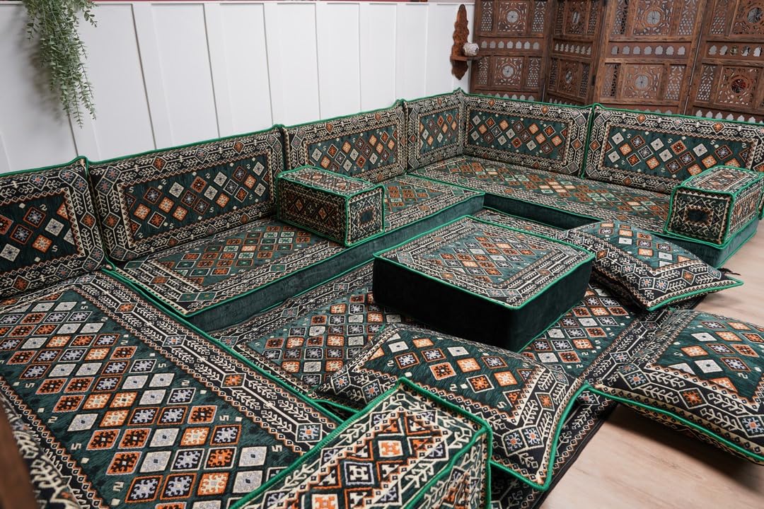 Arabic Floor Sofa Set, Turkish Sofa, Arabic Floor Seating Set, Moroccan Sofa Set, Floor Cushions, Corner Sofa (U Sofa Full Set, Chile Green, 4' Thickness Sofa) · v2