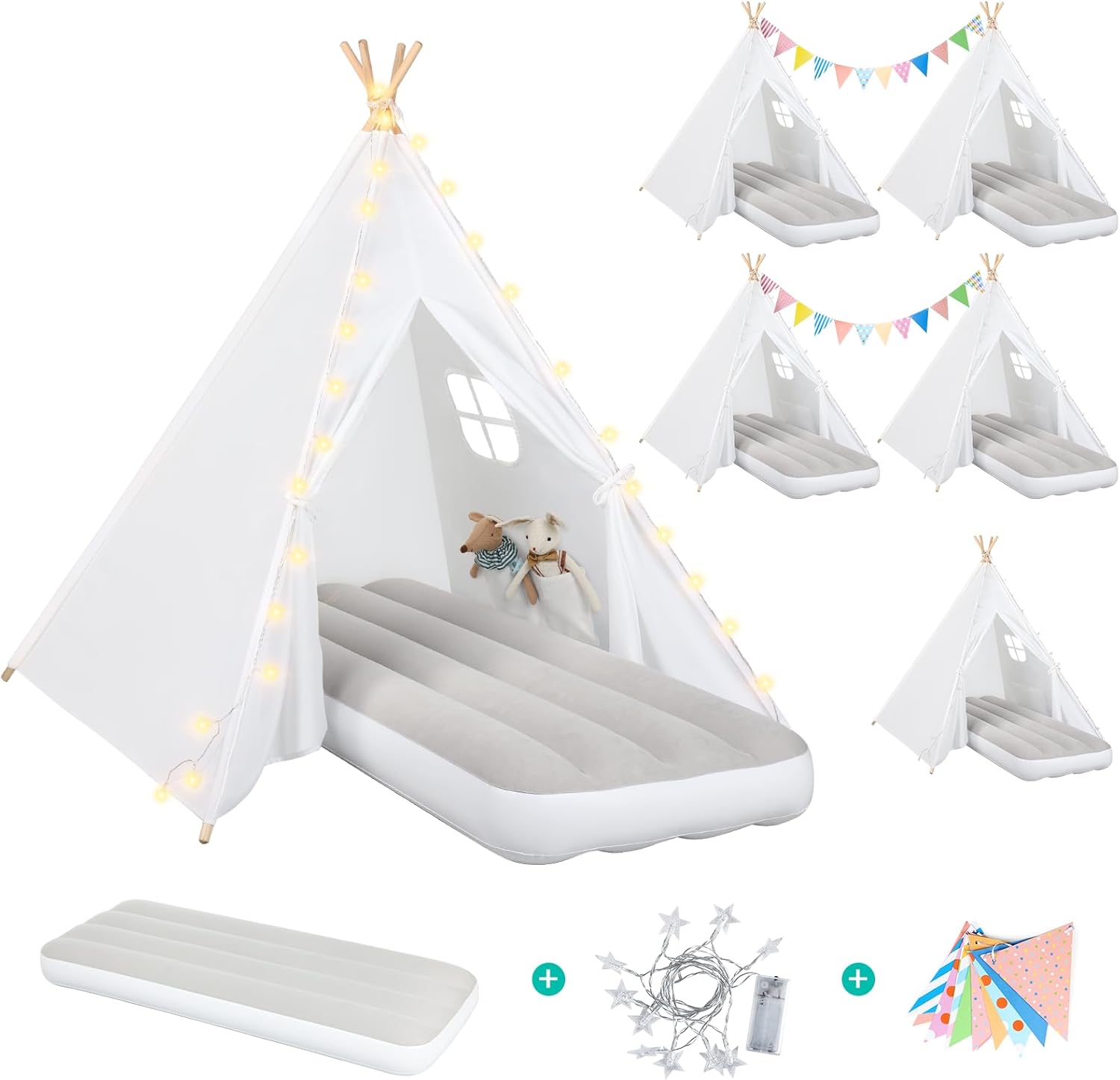 Teepee Tent for Kids Slumber Party 6 Pack - Inflatable Airbed  Star Lights amp; Colored Flag - Indoor Outdoor Toddler Play Tent for Girls Boys Birthday Gifts Sleepover Party (White)