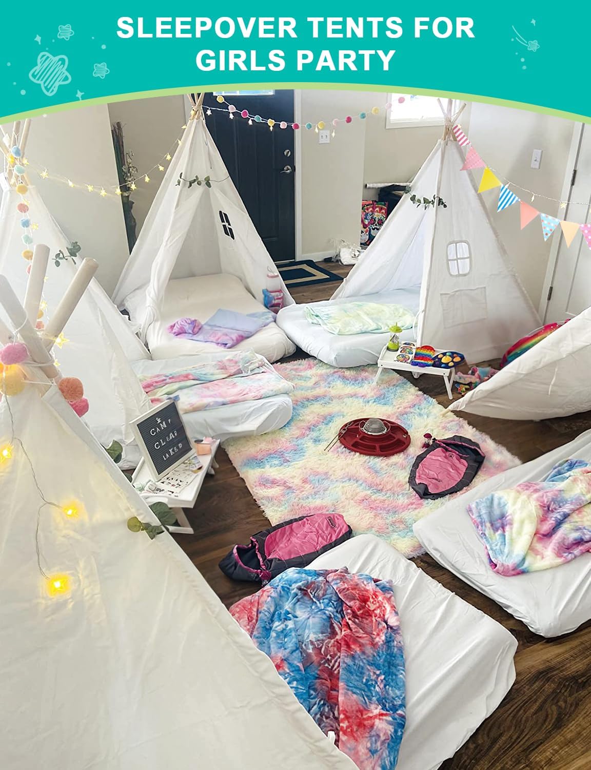 Teepee Tent for Kids Slumber Party 6 Pack - Inflatable Airbed  Star Lights amp; Colored Flag - Indoor Outdoor Toddler Play Tent for Girls Boys Birthday Gifts Sleepover Party (White) · v7