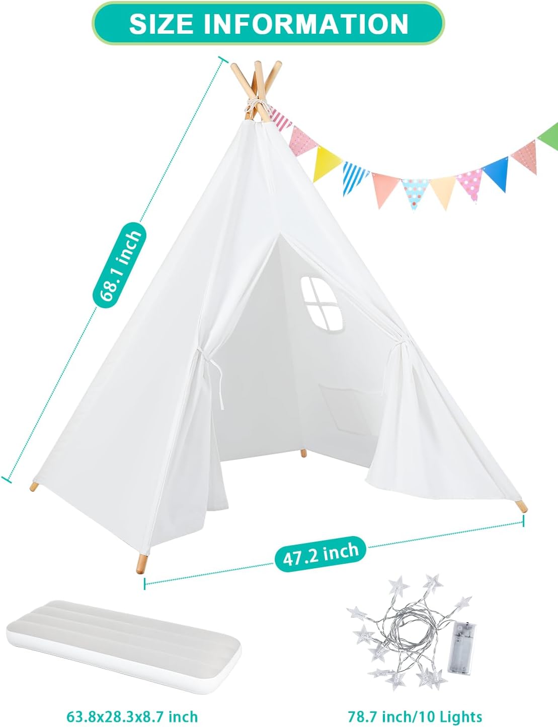 Teepee Tent for Kids Slumber Party 6 Pack - Inflatable Airbed  Star Lights amp; Colored Flag - Indoor Outdoor Toddler Play Tent for Girls Boys Birthday Gifts Sleepover Party (White) · v7