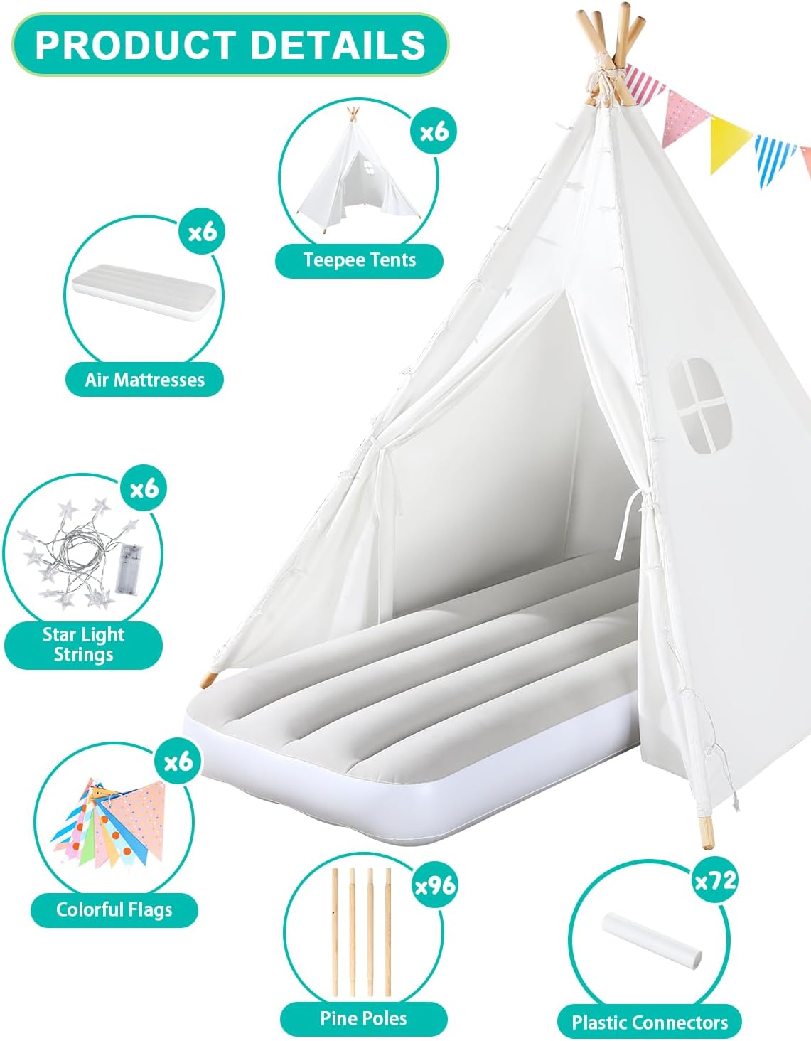 Teepee Tent for Kids Slumber Party 6 Pack - Inflatable Airbed  Star Lights amp; Colored Flag - Indoor Outdoor Toddler Play Tent for Girls Boys Birthday Gifts Sleepover Party (White) · v7